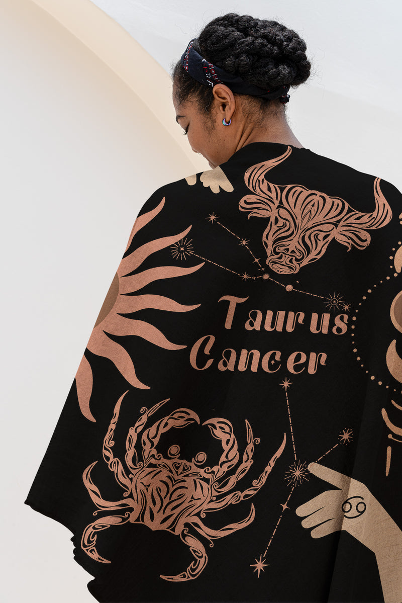 Cancer and Taurus Zodiac Compatibility Woven Throw Tapestry - Elevate home decor with this boho-inspired, celestial charm blanket. Perfect for astrology enthusiasts, featuring Cancer and Taurus sun signs, adding unique, artistic flair to your living space. Premium cotton, cozy, and decorative.