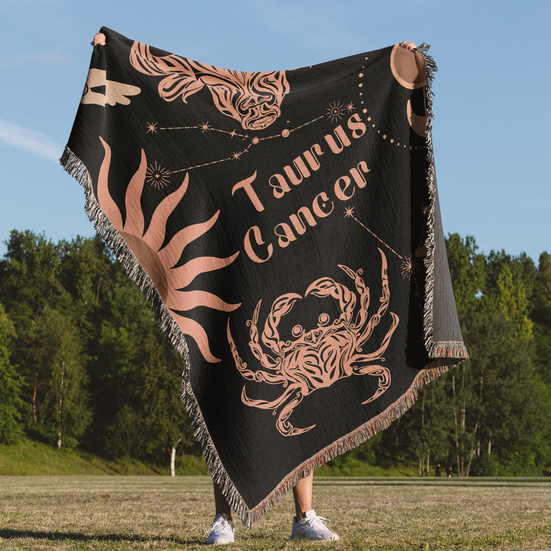 Cancer and Taurus Zodiac Compatibility Woven Throw Tapestry - Elevate home decor with this boho-inspired, celestial charm blanket. Perfect for astrology enthusiasts, featuring Cancer and Taurus sun signs, adding unique, artistic flair to your living space. Premium cotton, cozy, and decorative.