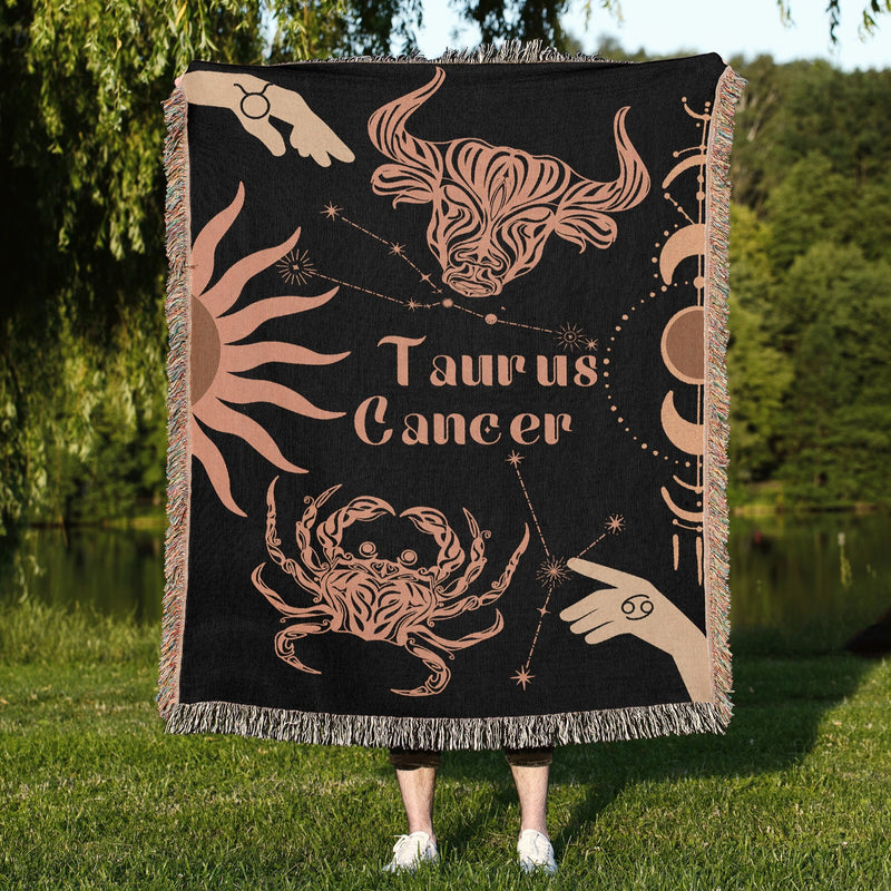 Cancer and Taurus Zodiac Compatibility Woven Throw Tapestry - Elevate home decor with this boho-inspired, celestial charm blanket. Perfect for astrology enthusiasts, featuring Cancer and Taurus sun signs, adding unique, artistic flair to your living space. Premium cotton, cozy, and decorative.