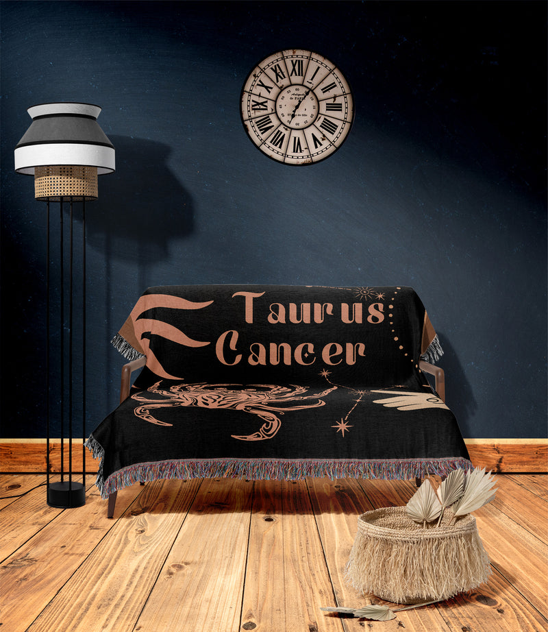 Cancer and Taurus Zodiac Compatibility Woven Throw Tapestry - Elevate home decor with this boho-inspired, celestial charm blanket. Perfect for astrology enthusiasts, featuring Cancer and Taurus sun signs, adding unique, artistic flair to your living space. Premium cotton, cozy, and decorative.