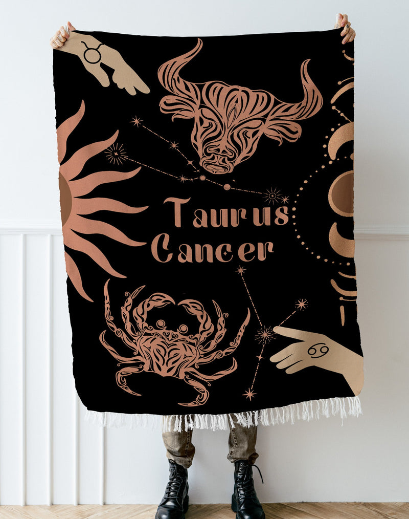 Cancer and Taurus Zodiac Compatibility Woven Throw Tapestry - Elevate home decor with this boho-inspired, celestial charm blanket. Perfect for astrology enthusiasts, featuring Cancer and Taurus sun signs, adding unique, artistic flair to your living space. Premium cotton, cozy, and decorative.