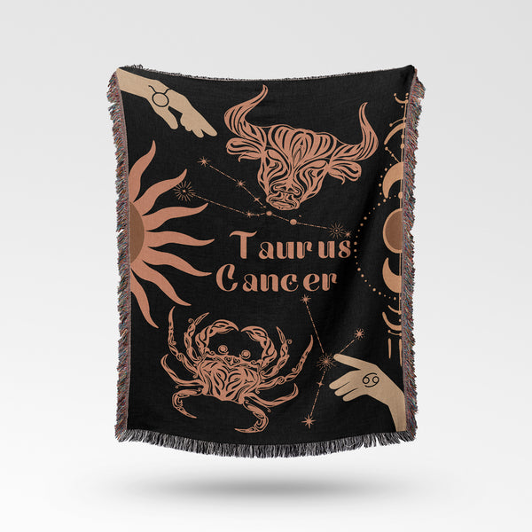 Cancer and Taurus Zodiac Compatibility Woven Throw Tapestry - Elevate home decor with this boho-inspired, celestial charm blanket. Perfect for astrology enthusiasts, featuring Cancer and Taurus sun signs, adding unique, artistic flair to your living space. Premium cotton, cozy, and decorative.