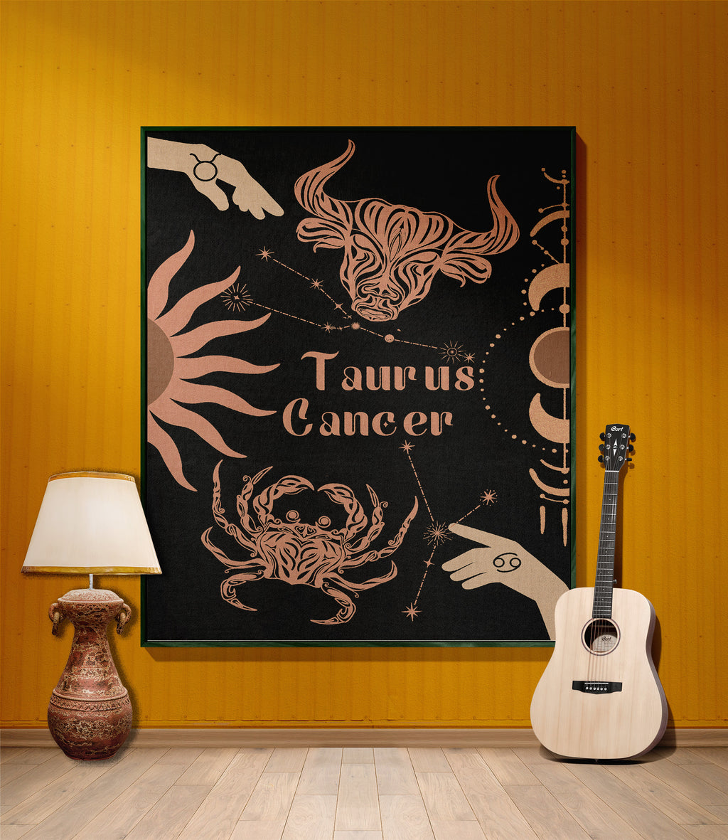 Cancer and Taurus Zodiac Compatibility Woven Throw Tapestry - Elevate home decor with this boho-inspired, celestial charm blanket. Perfect for astrology enthusiasts, featuring Cancer and Taurus sun signs, adding unique, artistic flair to your living space. Premium cotton, cozy, and decorative.