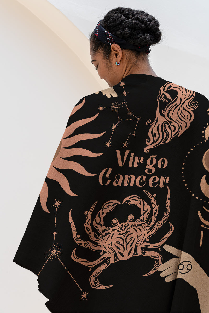 Cancer and Virgo Zodiac Compatibility Woven Throw Tapestry - Elevate home decor with this boho-inspired, celestial charm blanket. Perfect for astrology enthusiasts, featuring Cancer and Virgo sun signs, adding unique, artistic flair to your living space. Premium cotton, cozy, and decorative.