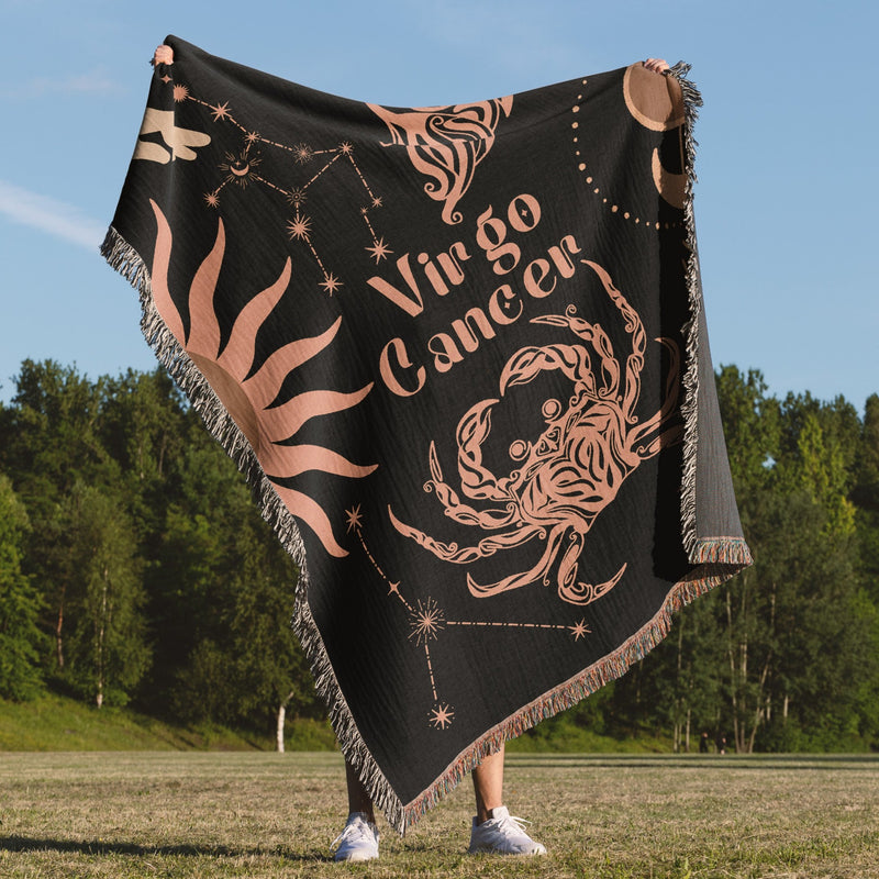 Cancer and Virgo Zodiac Compatibility Woven Throw Tapestry - Elevate home decor with this boho-inspired, celestial charm blanket. Perfect for astrology enthusiasts, featuring Cancer and Virgo sun signs, adding unique, artistic flair to your living space. Premium cotton, cozy, and decorative.