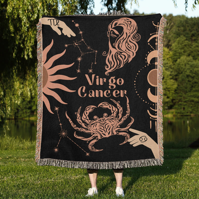 Cancer and Virgo Zodiac Compatibility Woven Throw Tapestry - Elevate home decor with this boho-inspired, celestial charm blanket. Perfect for astrology enthusiasts, featuring Cancer and Virgo sun signs, adding unique, artistic flair to your living space. Premium cotton, cozy, and decorative.