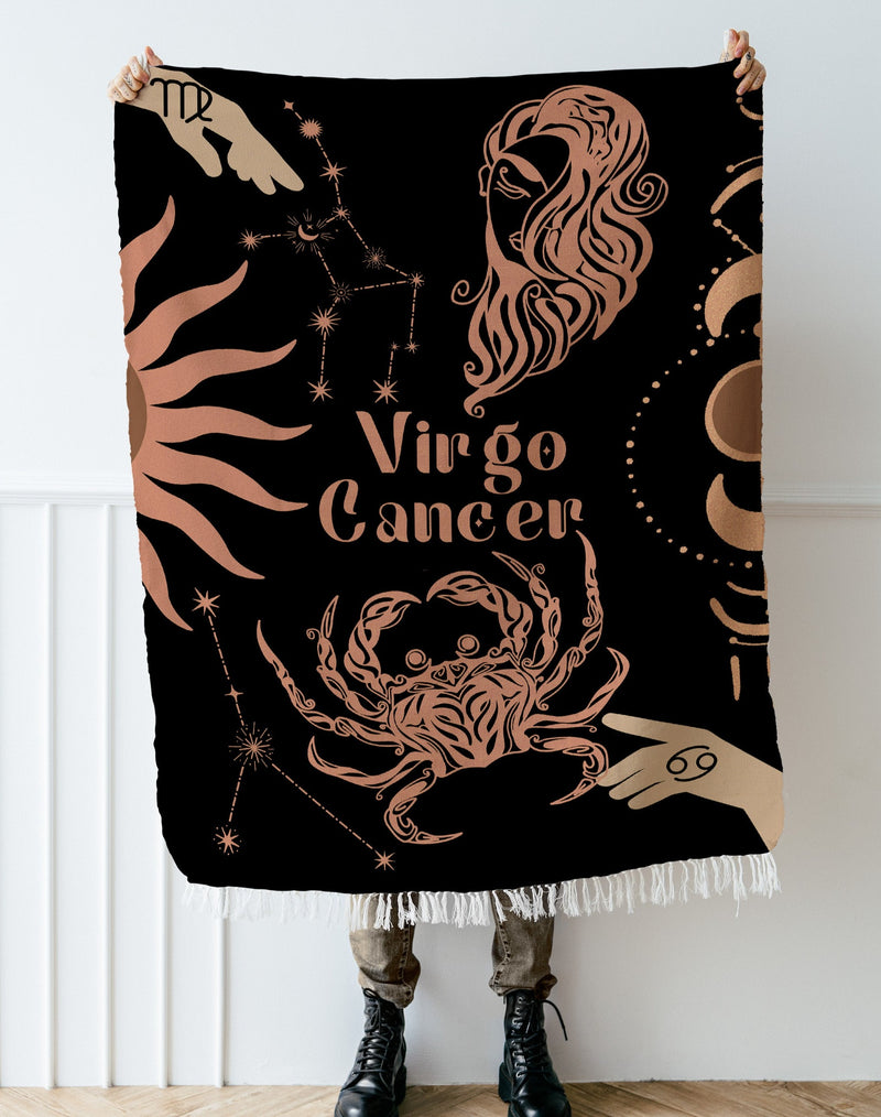 Cancer and Virgo Zodiac Compatibility Woven Throw Tapestry - Elevate home decor with this boho-inspired, celestial charm blanket. Perfect for astrology enthusiasts, featuring Cancer and Virgo sun signs, adding unique, artistic flair to your living space. Premium cotton, cozy, and decorative.