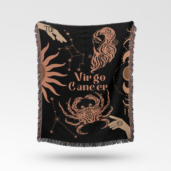 Cancer and Virgo Zodiac Compatibility Woven Throw Tapestry - Elevate home decor with this boho-inspired, celestial charm blanket. Perfect for astrology enthusiasts, featuring Cancer and Virgo sun signs, adding unique, artistic flair to your living space. Premium cotton, cozy, and decorative.