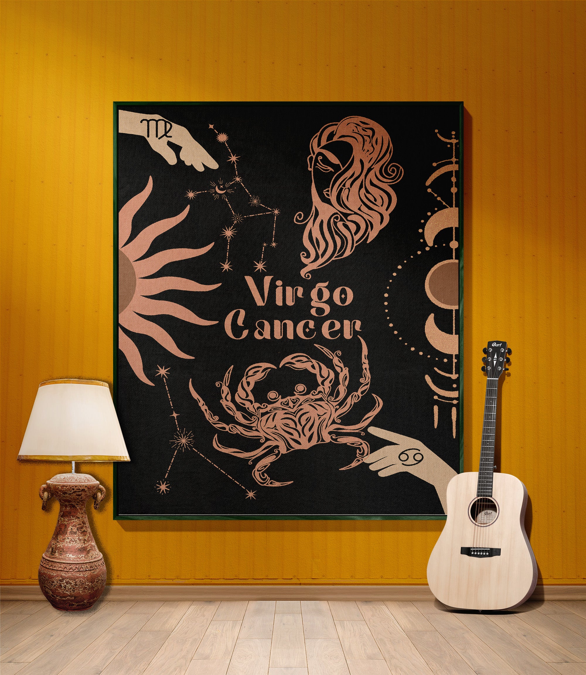 Cancer and Virgo Zodiac Compatibility Woven Throw Tapestry - Elevate home decor with this boho-inspired, celestial charm blanket. Perfect for astrology enthusiasts, featuring Cancer and Virgo sun signs, adding unique, artistic flair to your living space. Premium cotton, cozy, and decorative.