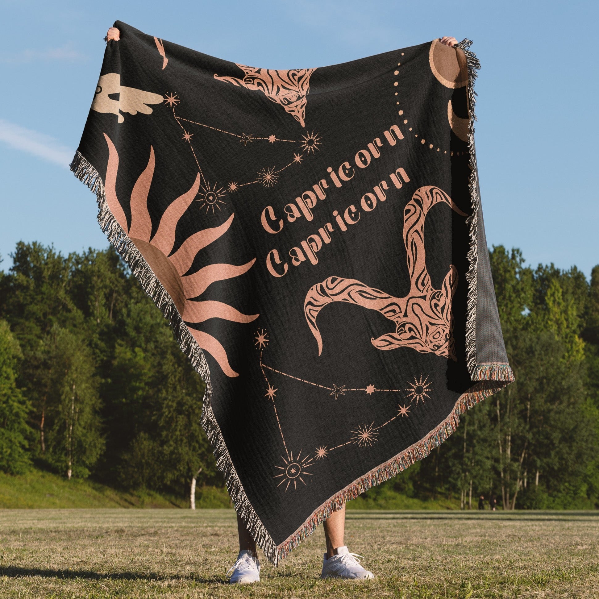 Capricorn and Capricorn Zodiac Compatibility Woven Throw Tapestry - Elevate home decor with this boho-inspired, celestial charm blanket. Perfect for astrology enthusiasts, featuring Capricorn and Capricorn sun signs, adding unique, artistic flair to your living space. Premium cotton, cozy, and decorative.