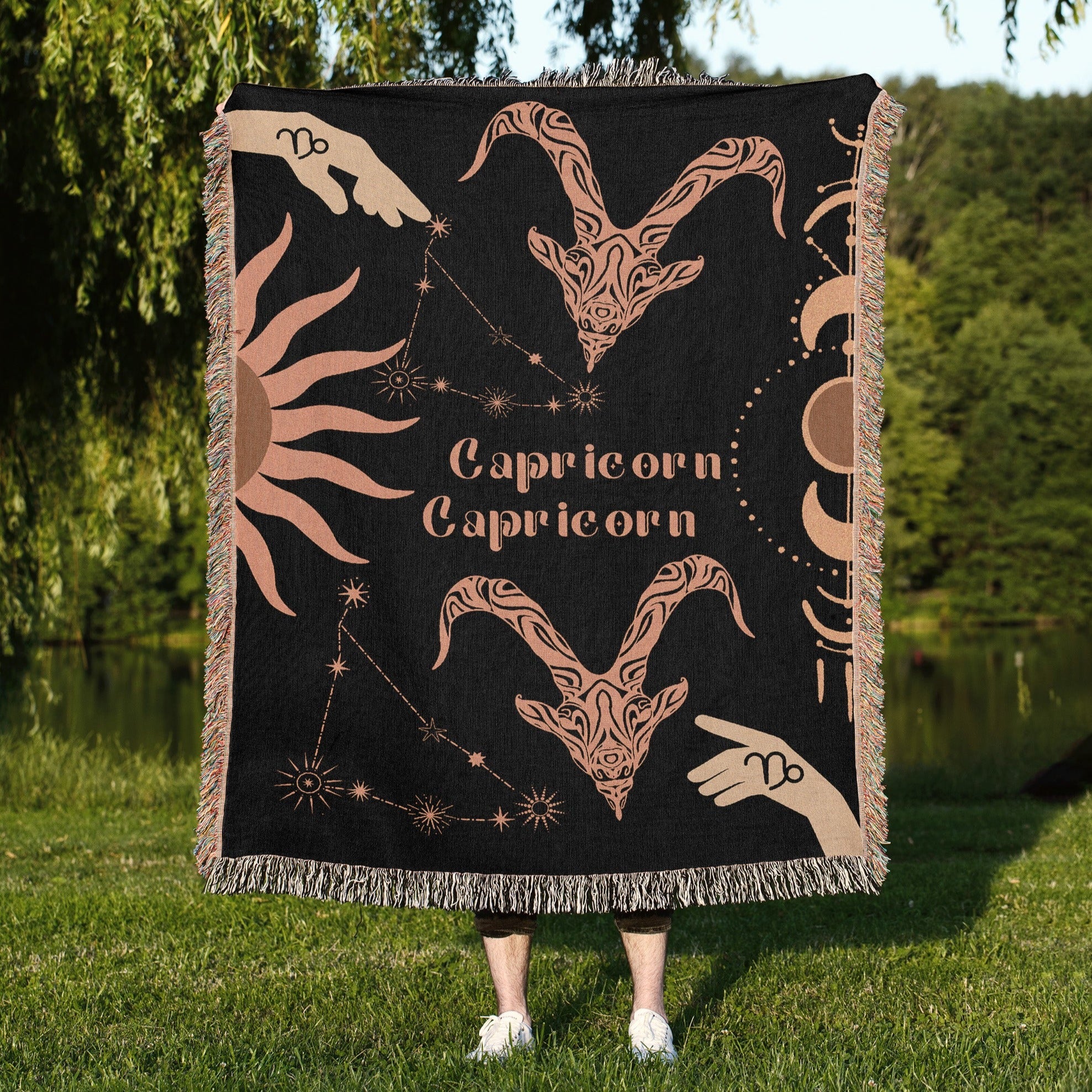 Capricorn and Capricorn Zodiac Compatibility Woven Throw Tapestry - Elevate home decor with this boho-inspired, celestial charm blanket. Perfect for astrology enthusiasts, featuring Capricorn and Capricorn sun signs, adding unique, artistic flair to your living space. Premium cotton, cozy, and decorative.