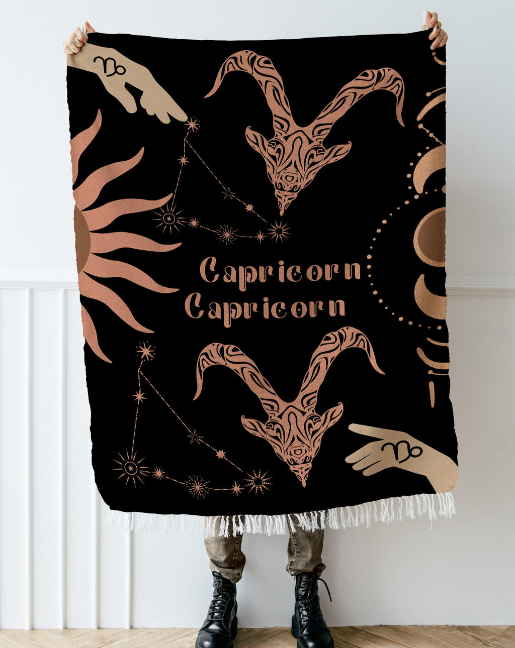 Capricorn and Capricorn Zodiac Compatibility Woven Throw Tapestry - Elevate home decor with this boho-inspired, celestial charm blanket. Perfect for astrology enthusiasts, featuring Capricorn and Capricorn sun signs, adding unique, artistic flair to your living space. Premium cotton, cozy, and decorative.