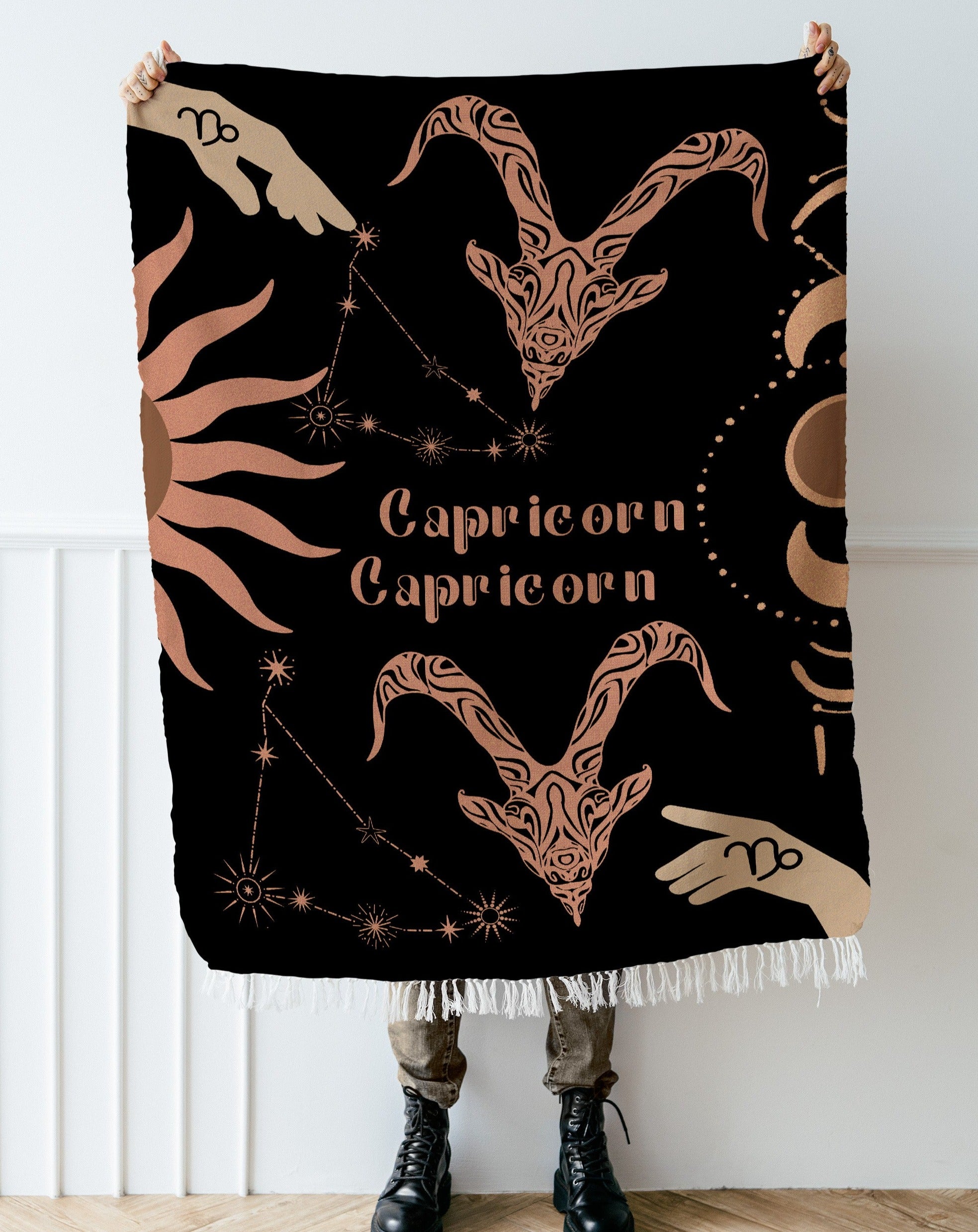 Capricorn and Capricorn Zodiac Compatibility Woven Throw Tapestry - Elevate home decor with this boho-inspired, celestial charm blanket. Perfect for astrology enthusiasts, featuring Capricorn and Capricorn sun signs, adding unique, artistic flair to your living space. Premium cotton, cozy, and decorative.