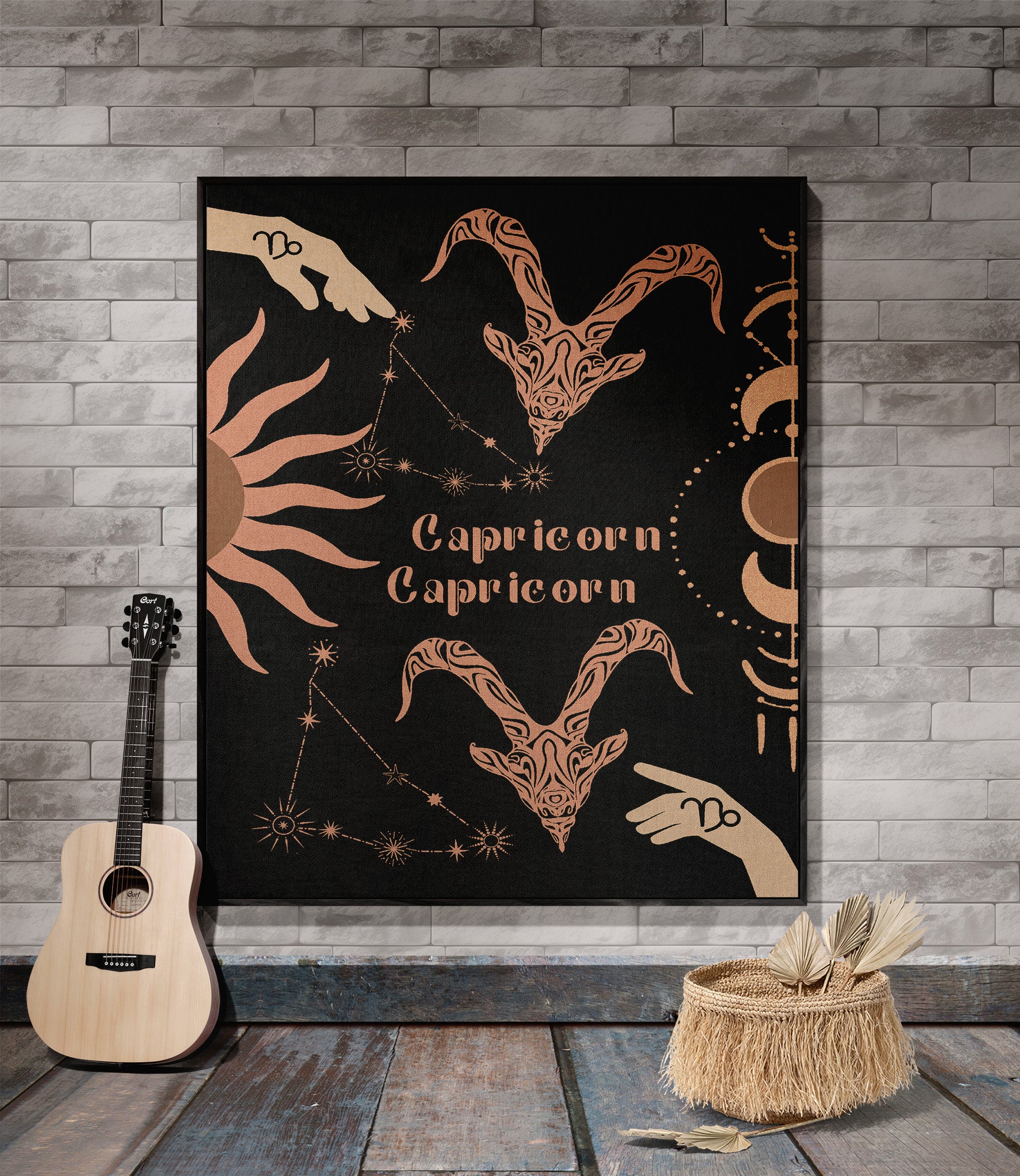 Capricorn and Capricorn Zodiac Compatibility Woven Throw Tapestry - Elevate home decor with this boho-inspired, celestial charm blanket. Perfect for astrology enthusiasts, featuring Capricorn and Capricorn sun signs, adding unique, artistic flair to your living space. Premium cotton, cozy, and decorative.