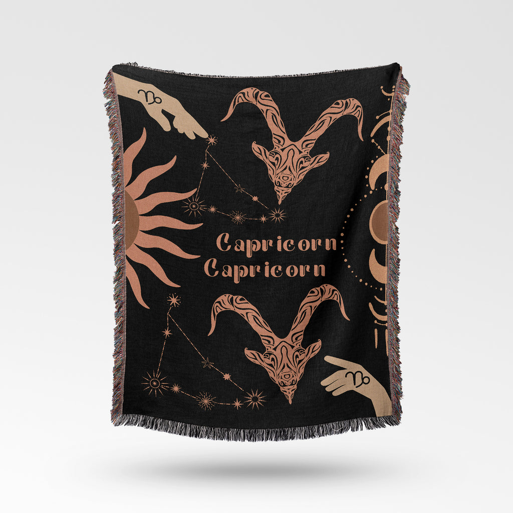 Capricorn and Capricorn Zodiac Compatibility Woven Throw Tapestry - Elevate home decor with this boho-inspired, celestial charm blanket. Perfect for astrology enthusiasts, featuring Capricorn and Capricorn sun signs, adding unique, artistic flair to your living space. Premium cotton, cozy, and decorative.