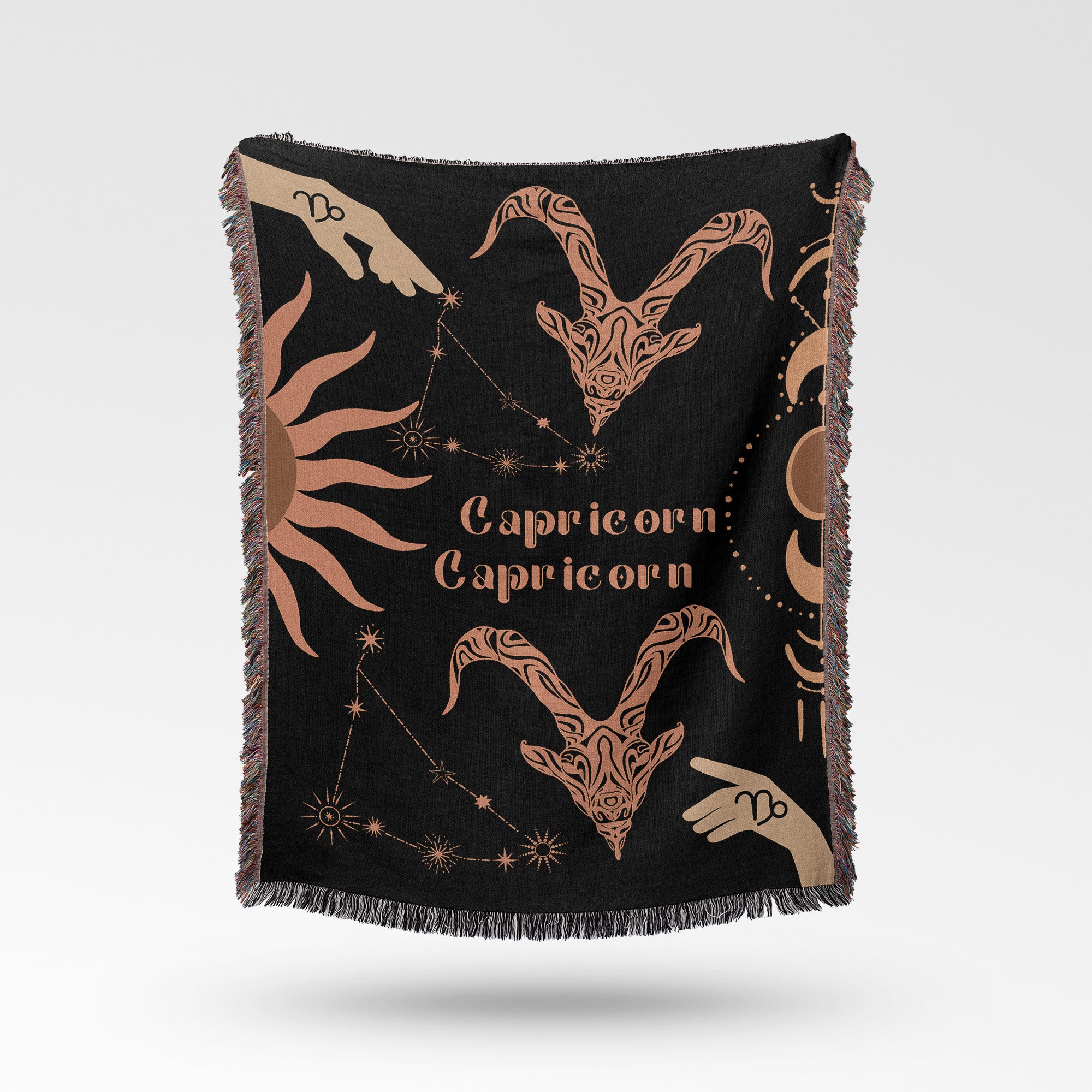 Capricorn and Capricorn Zodiac Compatibility Woven Throw Tapestry - Elevate home decor with this boho-inspired, celestial charm blanket. Perfect for astrology enthusiasts, featuring Capricorn and Capricorn sun signs, adding unique, artistic flair to your living space. Premium cotton, cozy, and decorative.