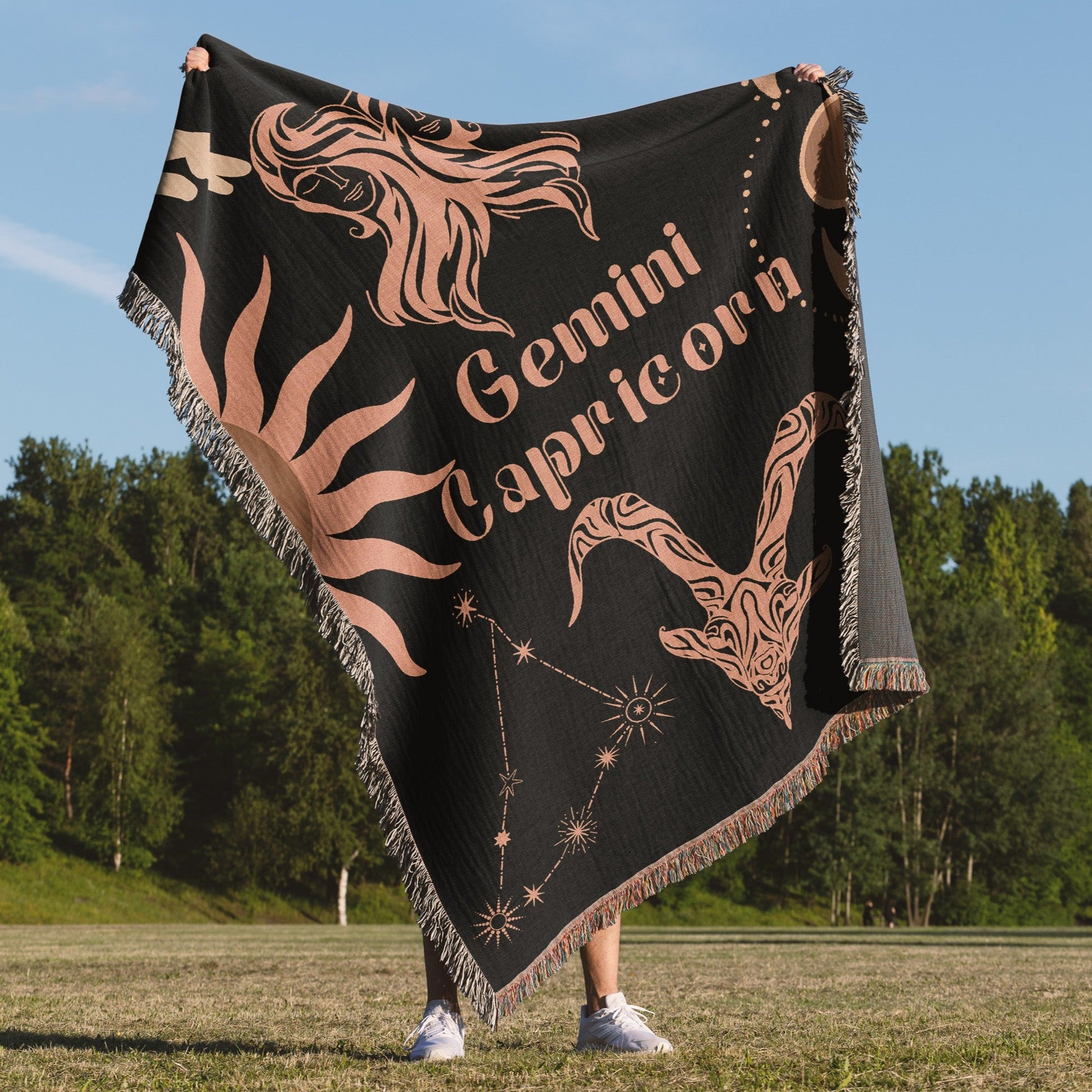 Capricorn and Gemini Zodiac Compatibility Woven Throw Tapestry - Elevate home decor with this boho-inspired, celestial charm blanket. Perfect for astrology enthusiasts, featuring Capricorn and Gemini sun signs, adding unique, artistic flair to your living space. Premium cotton, cozy, and decorative.