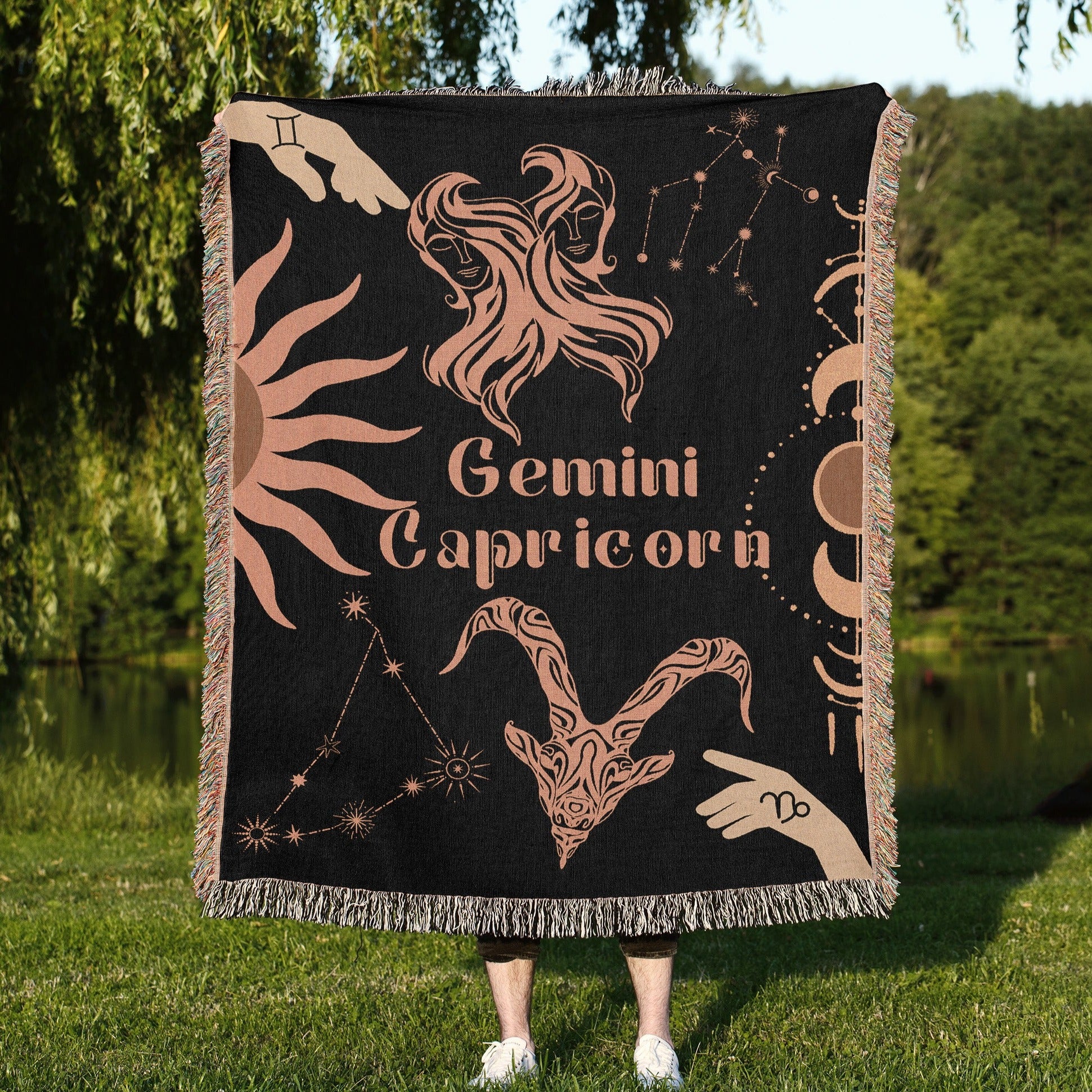 Capricorn and Gemini Zodiac Compatibility Woven Throw Tapestry - Elevate home decor with this boho-inspired, celestial charm blanket. Perfect for astrology enthusiasts, featuring Capricorn and Gemini sun signs, adding unique, artistic flair to your living space. Premium cotton, cozy, and decorative.
