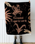 Capricorn and Gemini Zodiac Compatibility Woven Throw Tapestry - Elevate home decor with this boho-inspired, celestial charm blanket. Perfect for astrology enthusiasts, featuring Capricorn and Gemini sun signs, adding unique, artistic flair to your living space. Premium cotton, cozy, and decorative.