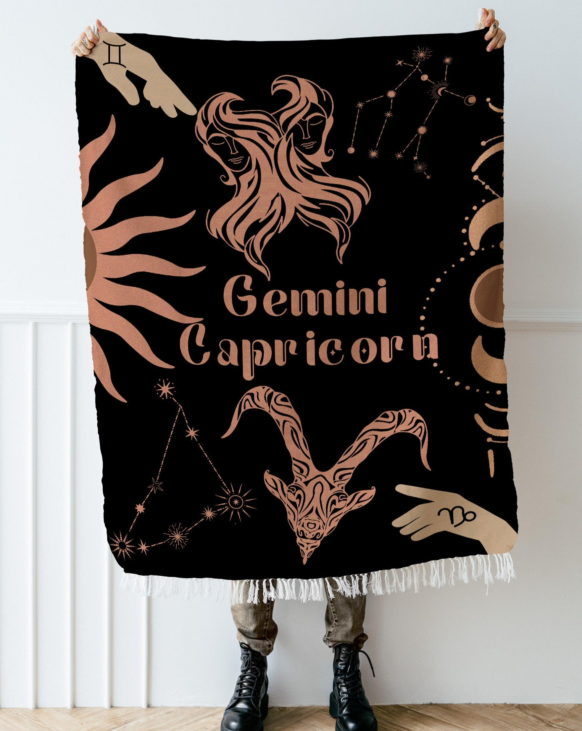 Capricorn and Gemini Zodiac Compatibility Woven Throw Tapestry - Elevate home decor with this boho-inspired, celestial charm blanket. Perfect for astrology enthusiasts, featuring Capricorn and Gemini sun signs, adding unique, artistic flair to your living space. Premium cotton, cozy, and decorative.