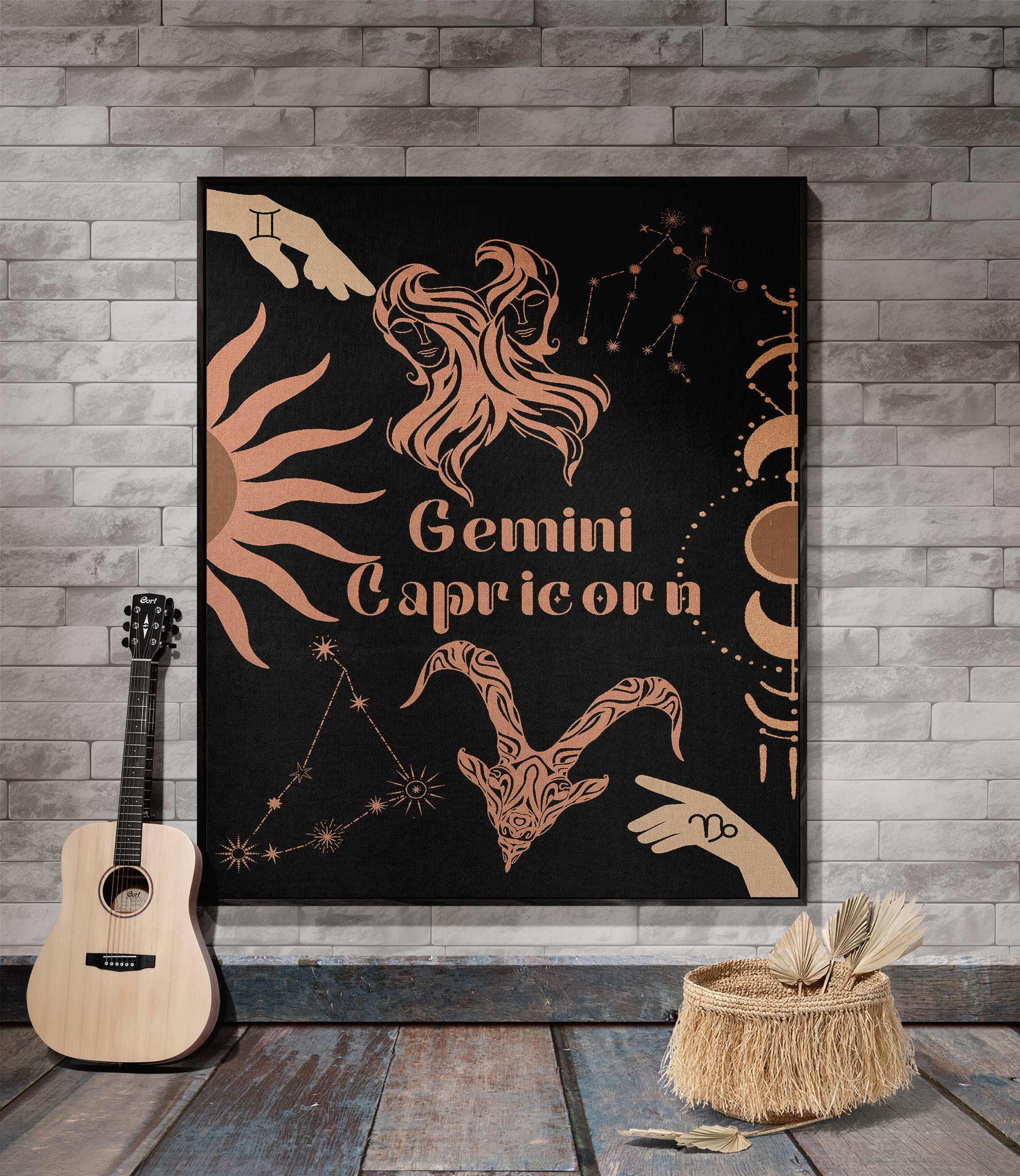 Capricorn and Gemini Zodiac Compatibility Woven Throw Tapestry - Elevate home decor with this boho-inspired, celestial charm blanket. Perfect for astrology enthusiasts, featuring Capricorn and Gemini sun signs, adding unique, artistic flair to your living space. Premium cotton, cozy, and decorative.
