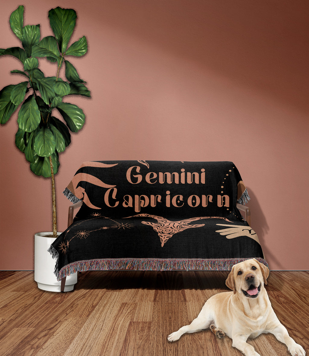Capricorn and Gemini Zodiac Compatibility Woven Throw Tapestry - Elevate home decor with this boho-inspired, celestial charm blanket. Perfect for astrology enthusiasts, featuring Capricorn and Gemini sun signs, adding unique, artistic flair to your living space. Premium cotton, cozy, and decorative.