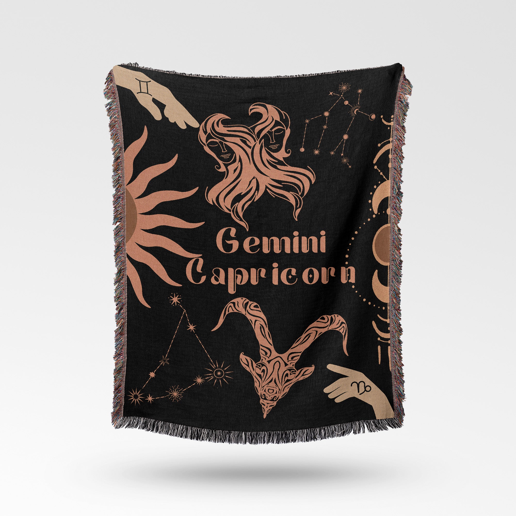 Capricorn and Gemini Zodiac Compatibility Woven Throw Tapestry - Elevate home decor with this boho-inspired, celestial charm blanket. Perfect for astrology enthusiasts, featuring Capricorn and Gemini sun signs, adding unique, artistic flair to your living space. Premium cotton, cozy, and decorative.