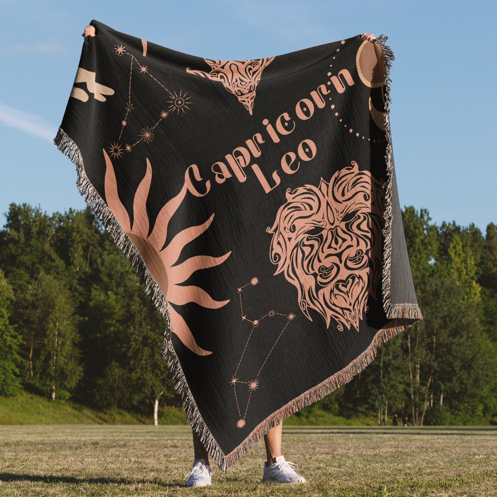 Capricorn and Leo Zodiac Compatibility Woven Throw Tapestry - Elevate home decor with this boho-inspired, celestial charm blanket. Perfect for astrology enthusiasts, featuring Capricorn and Leo sun signs, adding unique, artistic flair to your living space. Premium cotton, cozy, and decorative.