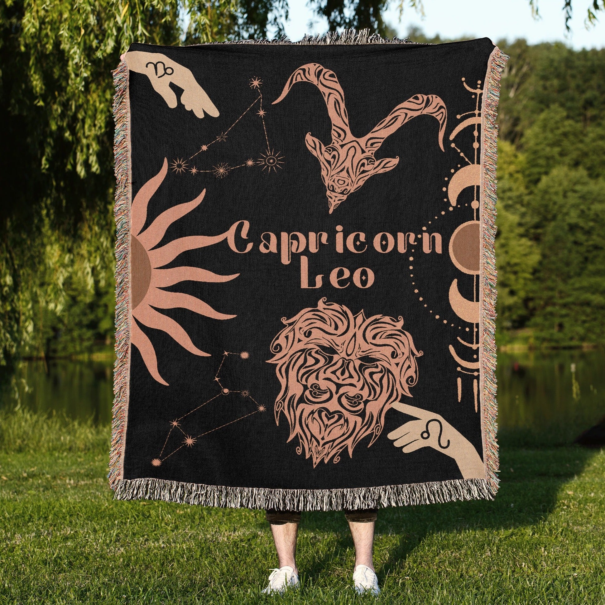 Capricorn and Leo Zodiac Compatibility Woven Throw Tapestry - Elevate home decor with this boho-inspired, celestial charm blanket. Perfect for astrology enthusiasts, featuring Capricorn and Leo sun signs, adding unique, artistic flair to your living space. Premium cotton, cozy, and decorative.