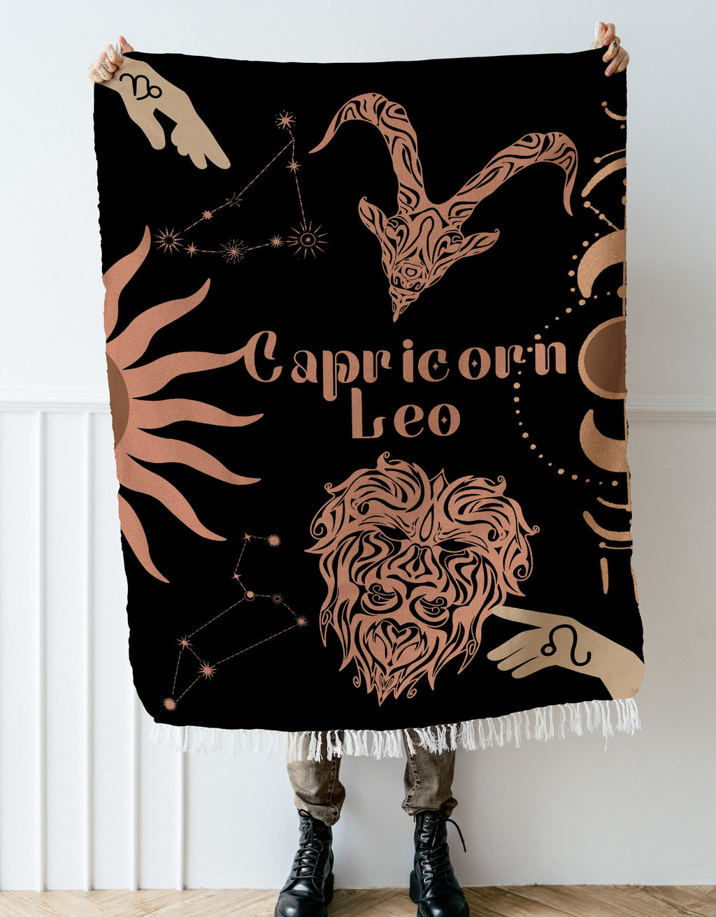 Capricorn and Leo Zodiac Compatibility Woven Throw Tapestry - Elevate home decor with this boho-inspired, celestial charm blanket. Perfect for astrology enthusiasts, featuring Capricorn and Leo sun signs, adding unique, artistic flair to your living space. Premium cotton, cozy, and decorative.