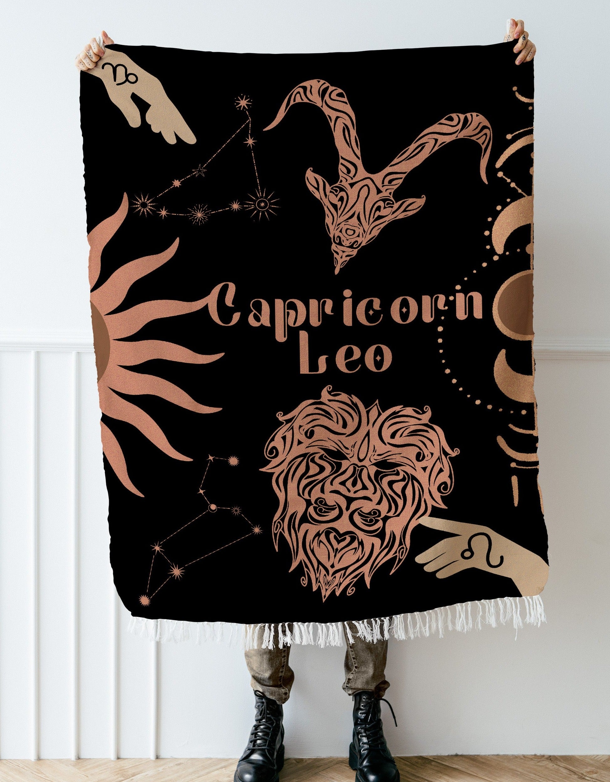 Capricorn and Leo Zodiac Compatibility Woven Throw Tapestry - Elevate home decor with this boho-inspired, celestial charm blanket. Perfect for astrology enthusiasts, featuring Capricorn and Leo sun signs, adding unique, artistic flair to your living space. Premium cotton, cozy, and decorative.