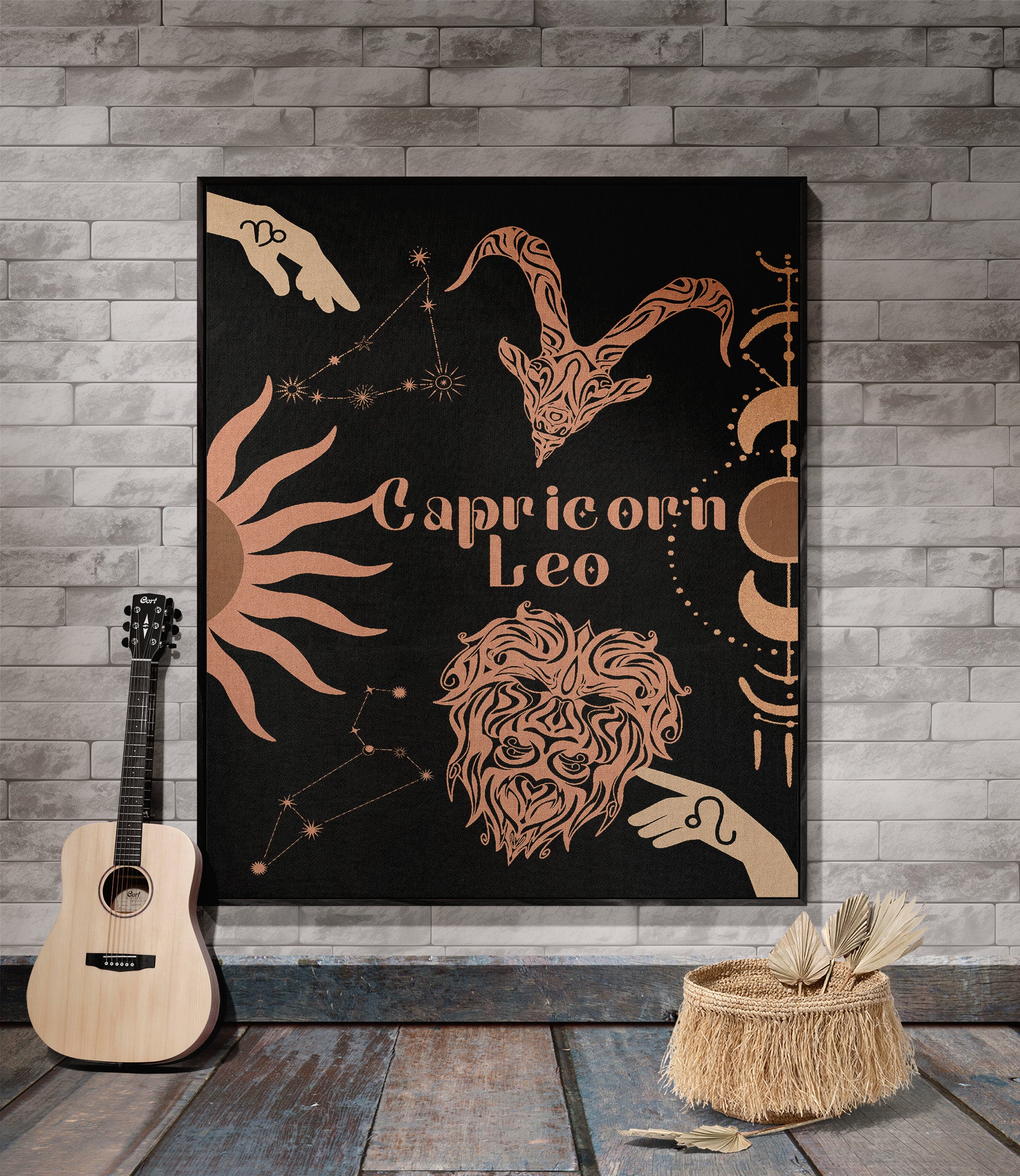 Capricorn and Leo Zodiac Compatibility Woven Throw Tapestry - Elevate home decor with this boho-inspired, celestial charm blanket. Perfect for astrology enthusiasts, featuring Capricorn and Leo sun signs, adding unique, artistic flair to your living space. Premium cotton, cozy, and decorative.