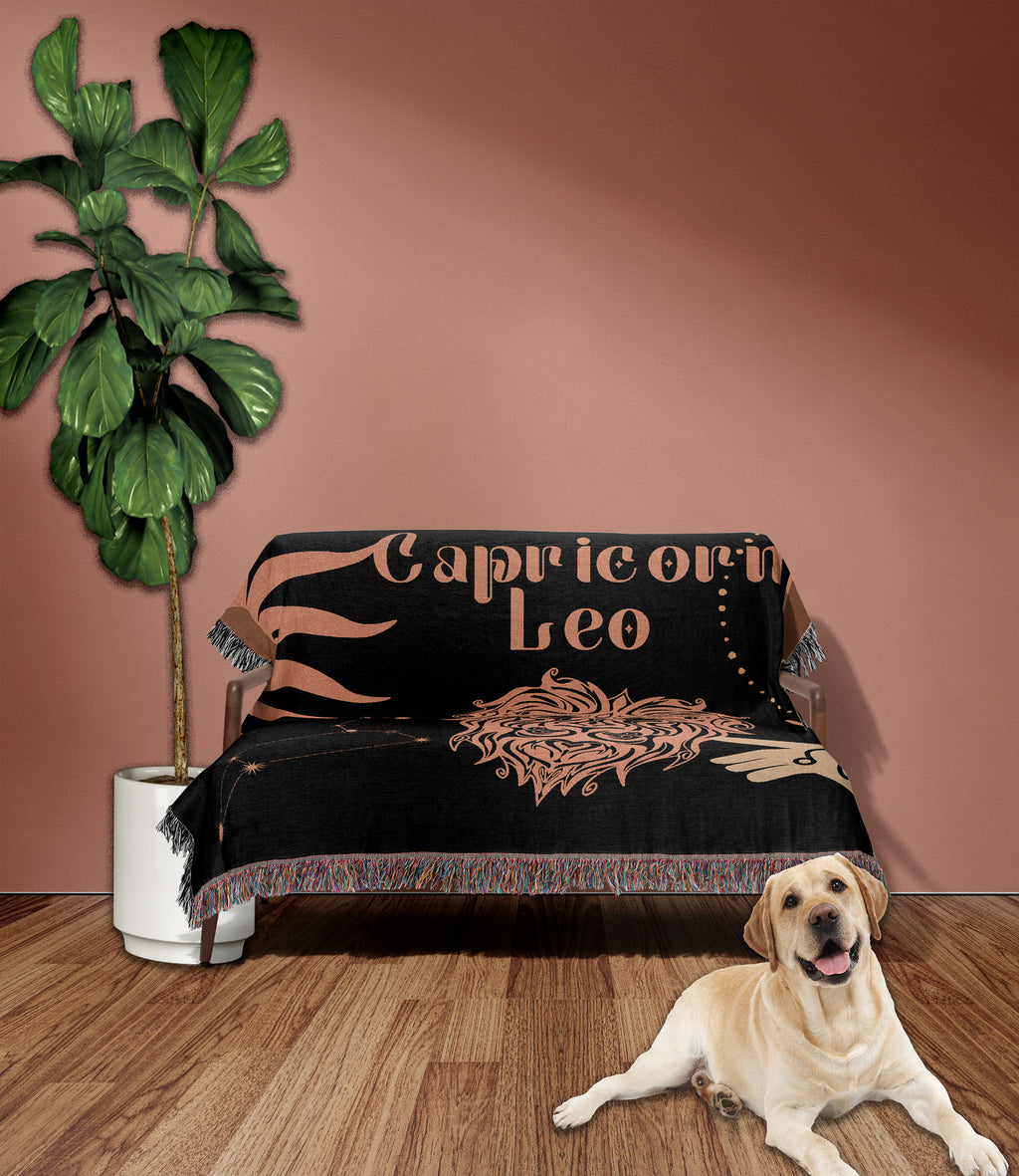 Capricorn and Leo Zodiac Compatibility Woven Throw Tapestry - Elevate home decor with this boho-inspired, celestial charm blanket. Perfect for astrology enthusiasts, featuring Capricorn and Leo sun signs, adding unique, artistic flair to your living space. Premium cotton, cozy, and decorative.