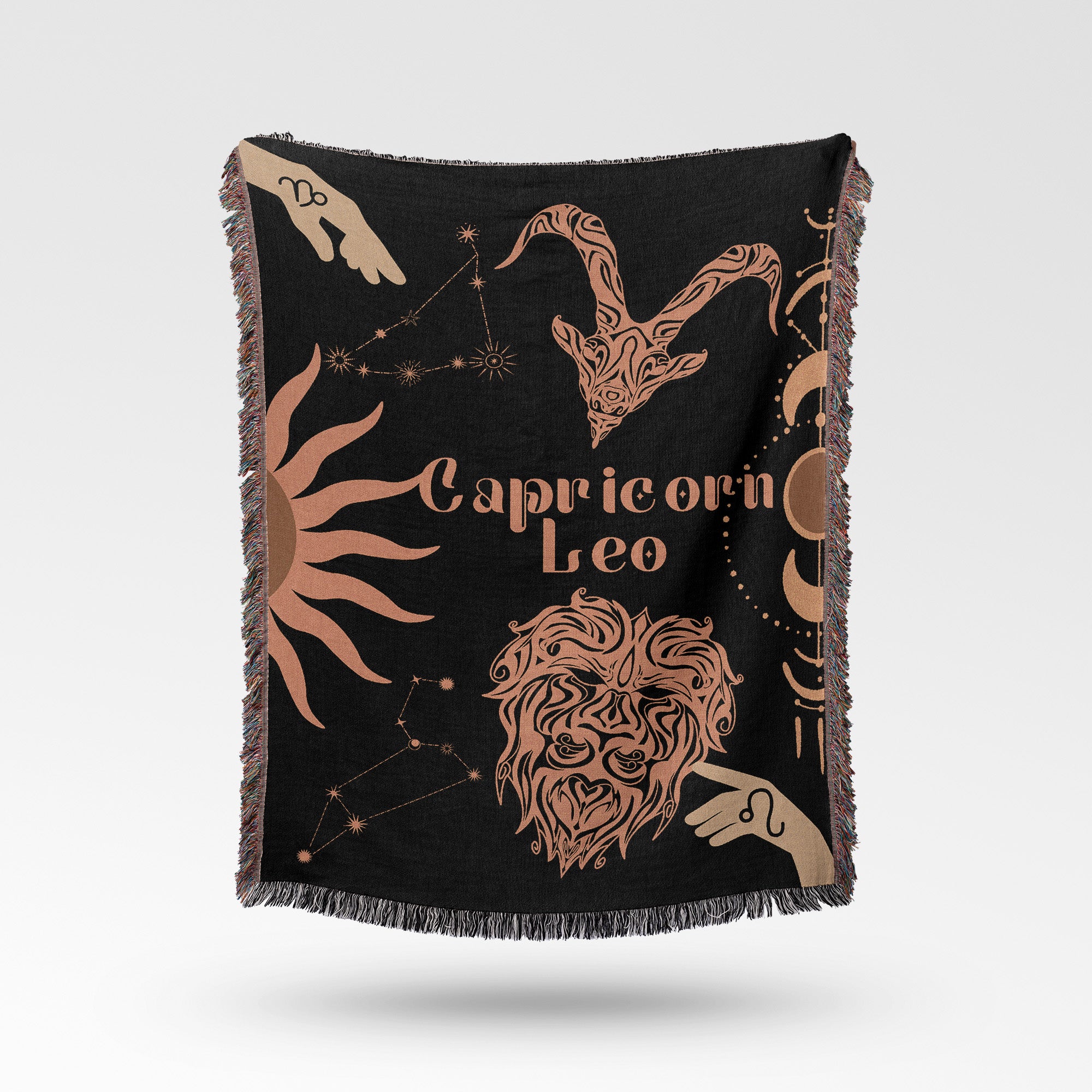 Capricorn and Leo Zodiac Compatibility Woven Throw Tapestry - Elevate home decor with this boho-inspired, celestial charm blanket. Perfect for astrology enthusiasts, featuring Capricorn and Leo sun signs, adding unique, artistic flair to your living space. Premium cotton, cozy, and decorative.