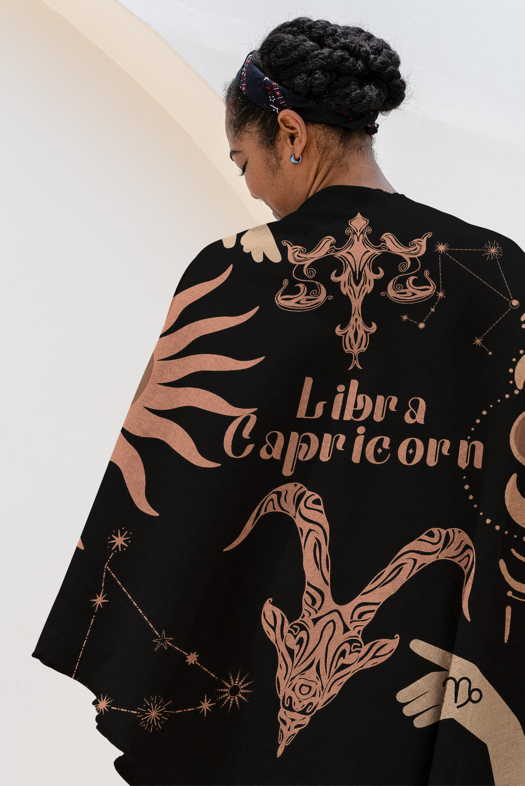 Capricorn and Libra Zodiac Compatibility Woven Throw Tapestry - Elevate home decor with this boho-inspired, celestial charm blanket. Perfect for astrology enthusiasts, featuring Capricorn and Libra sun signs, adding unique, artistic flair to your living space. Premium cotton, cozy, and decorative.