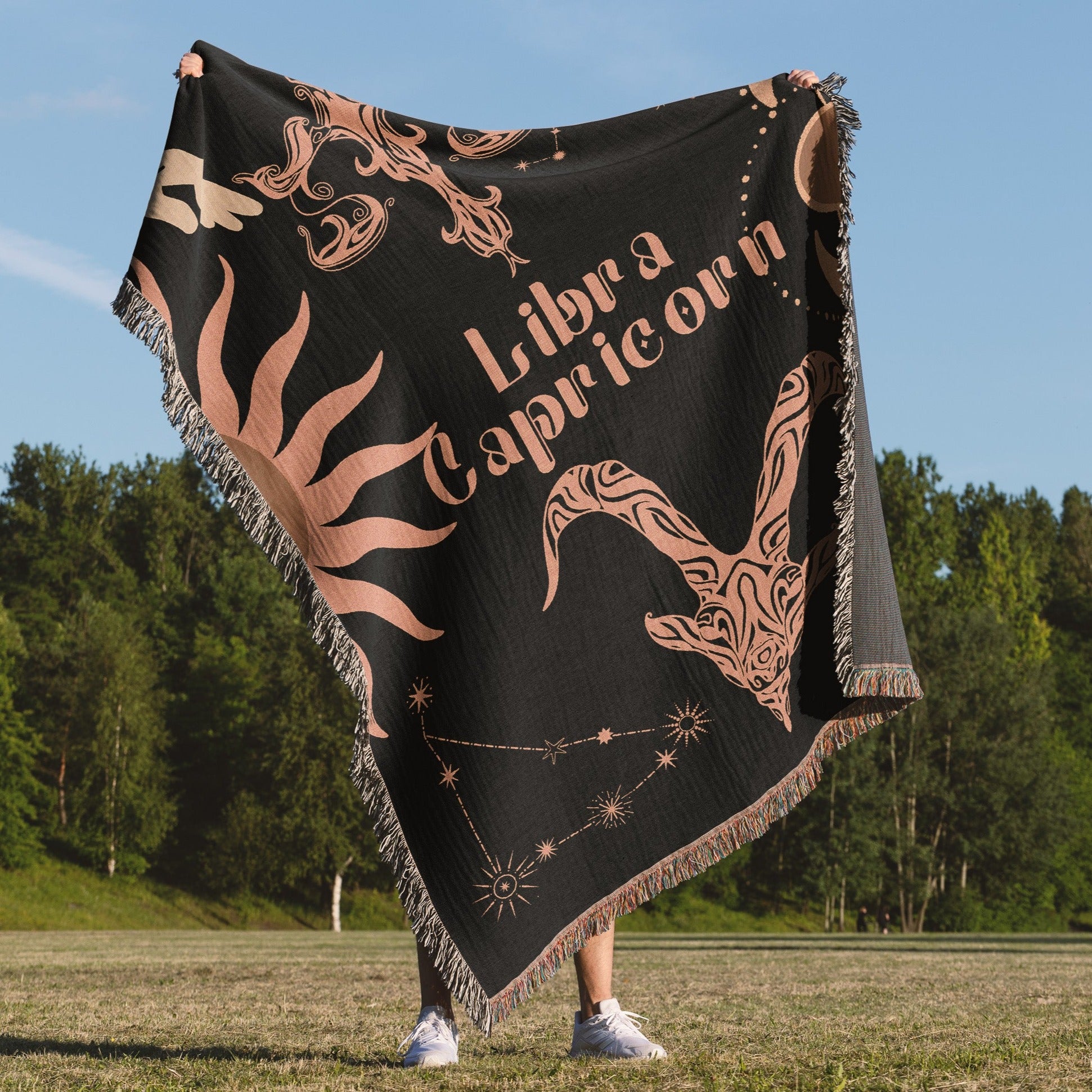 Capricorn and Libra Zodiac Compatibility Woven Throw Tapestry - Elevate home decor with this boho-inspired, celestial charm blanket. Perfect for astrology enthusiasts, featuring Capricorn and Libra sun signs, adding unique, artistic flair to your living space. Premium cotton, cozy, and decorative.