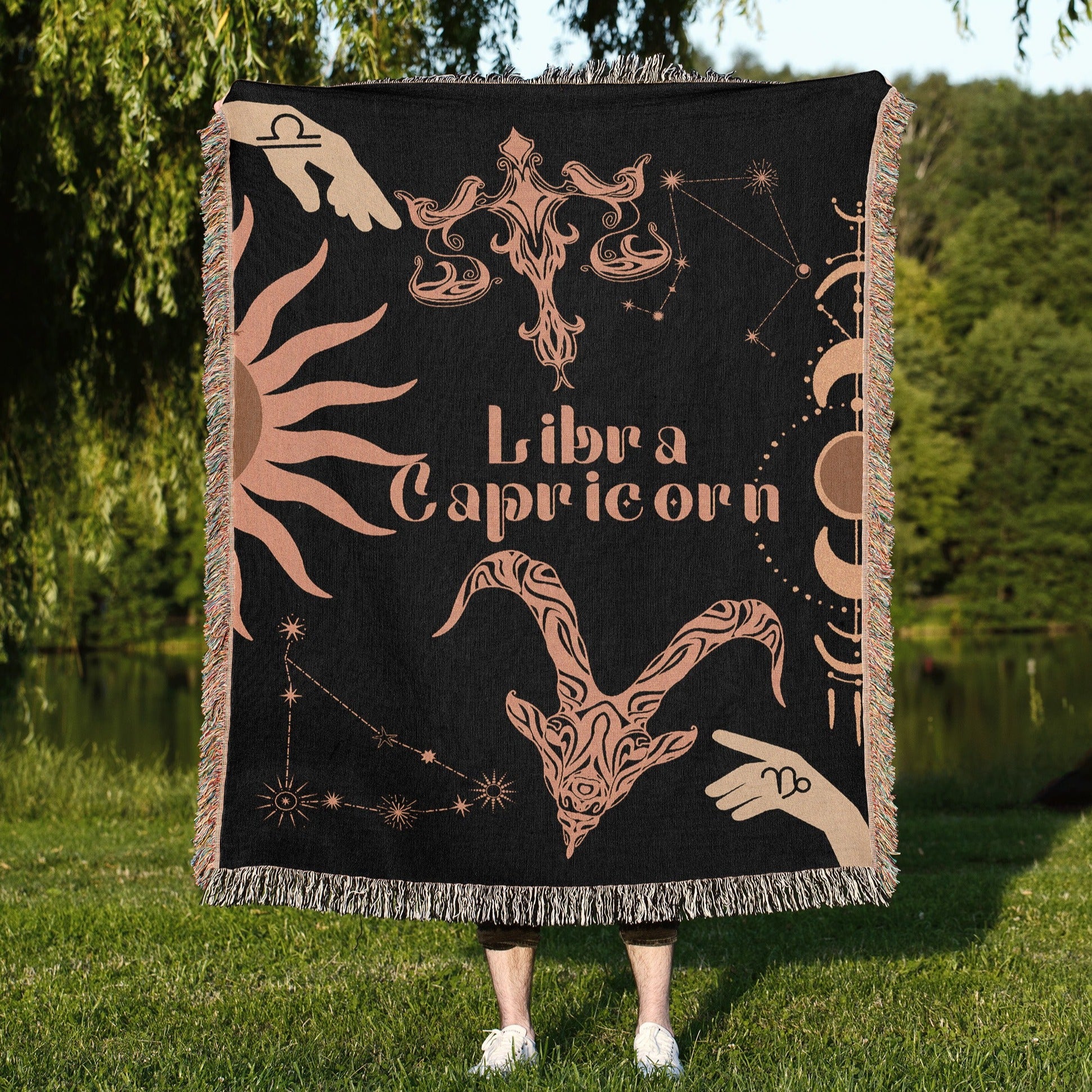 Capricorn and Libra Zodiac Compatibility Woven Throw Tapestry - Elevate home decor with this boho-inspired, celestial charm blanket. Perfect for astrology enthusiasts, featuring Capricorn and Libra sun signs, adding unique, artistic flair to your living space. Premium cotton, cozy, and decorative.