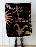 Capricorn and Libra Zodiac Compatibility Woven Throw Tapestry - Elevate home decor with this boho-inspired, celestial charm blanket. Perfect for astrology enthusiasts, featuring Capricorn and Libra sun signs, adding unique, artistic flair to your living space. Premium cotton, cozy, and decorative.