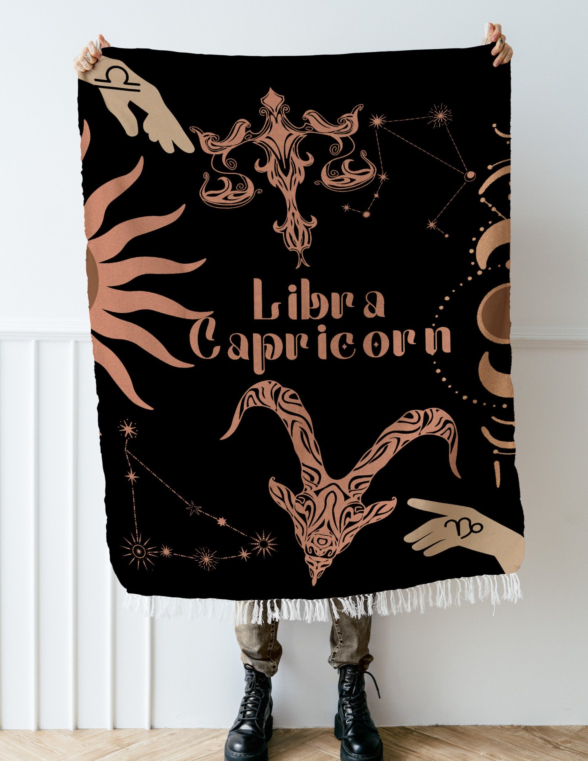 Capricorn and Libra Zodiac Compatibility Woven Throw Tapestry - Elevate home decor with this boho-inspired, celestial charm blanket. Perfect for astrology enthusiasts, featuring Capricorn and Libra sun signs, adding unique, artistic flair to your living space. Premium cotton, cozy, and decorative.
