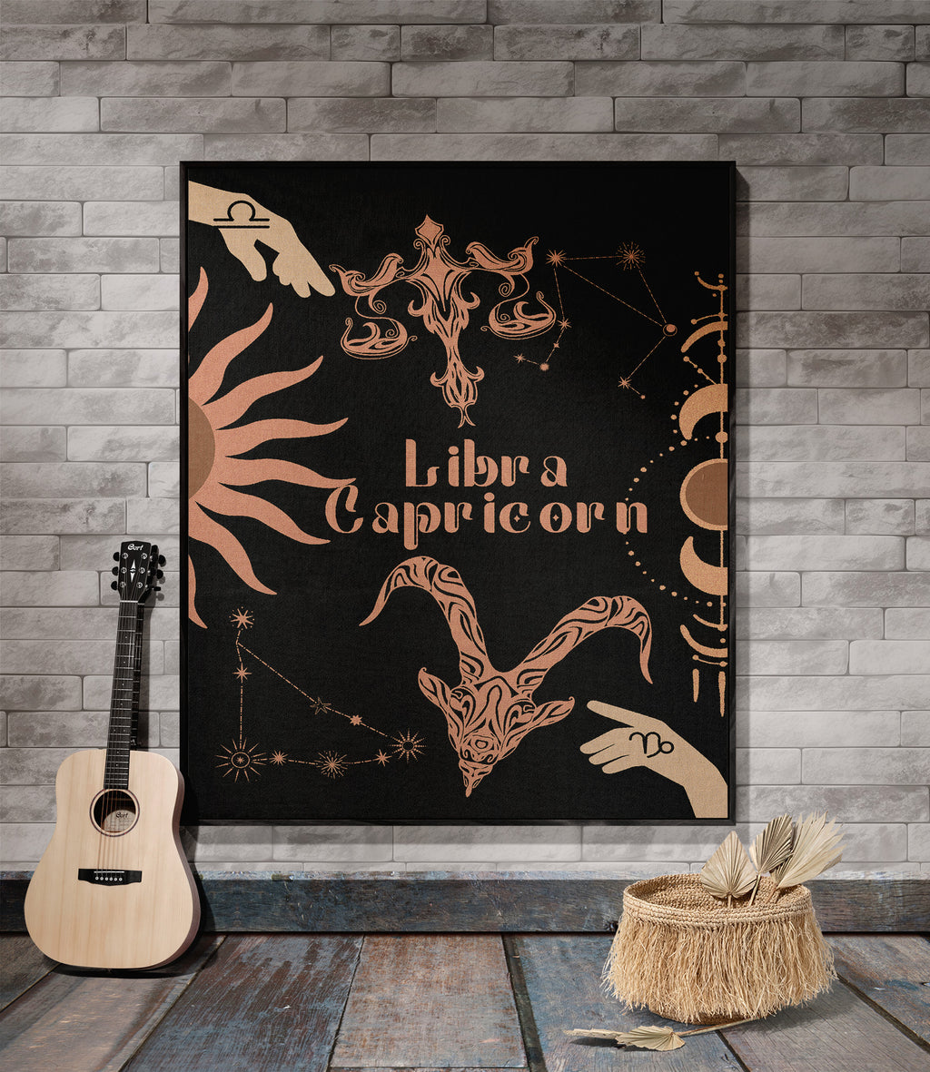 Capricorn and Libra Zodiac Compatibility Woven Throw Tapestry - Elevate home decor with this boho-inspired, celestial charm blanket. Perfect for astrology enthusiasts, featuring Capricorn and Libra sun signs, adding unique, artistic flair to your living space. Premium cotton, cozy, and decorative.
