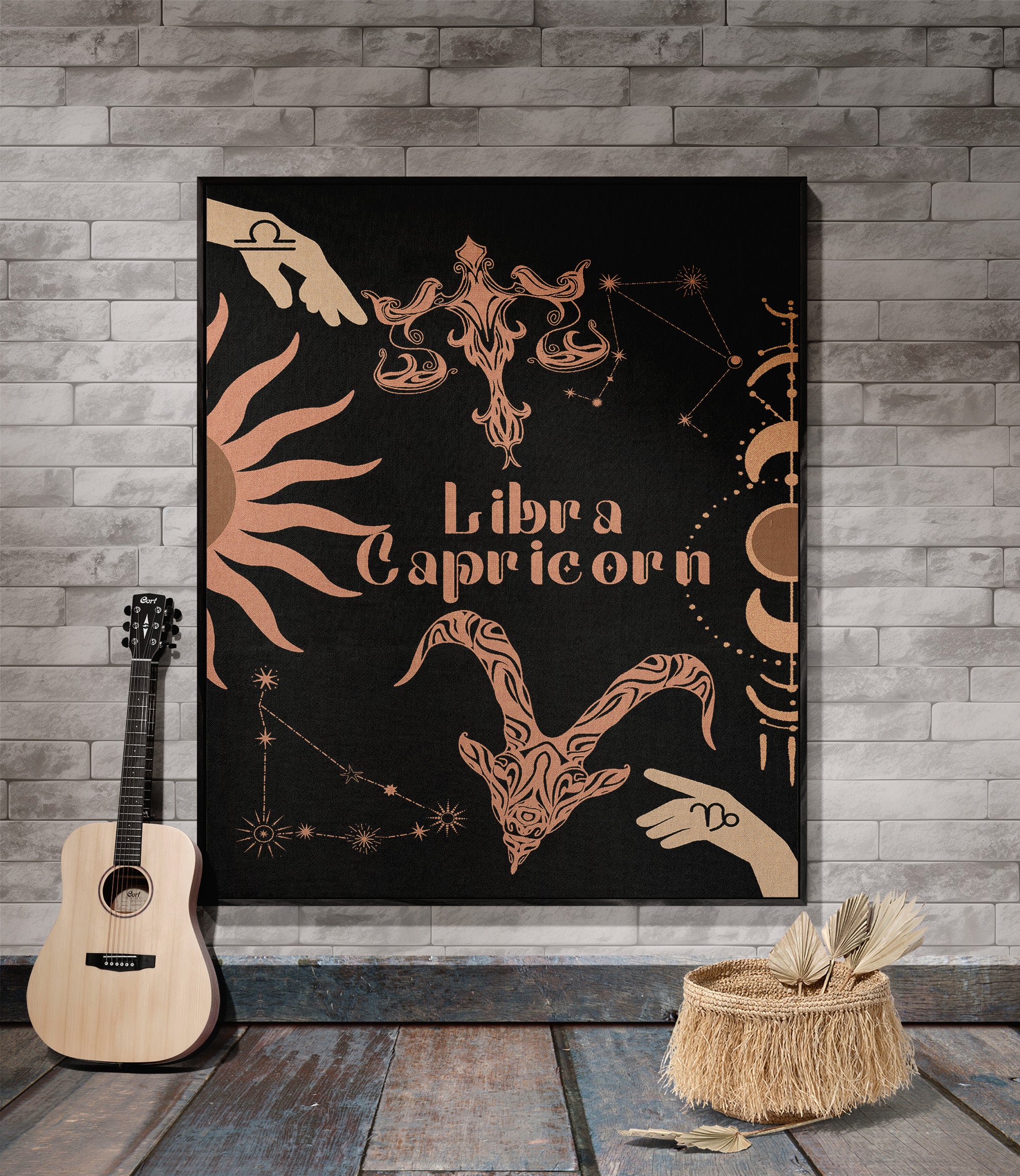 Capricorn and Libra Zodiac Compatibility Woven Throw Tapestry - Elevate home decor with this boho-inspired, celestial charm blanket. Perfect for astrology enthusiasts, featuring Capricorn and Libra sun signs, adding unique, artistic flair to your living space. Premium cotton, cozy, and decorative.