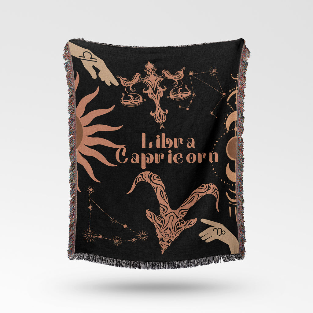 Capricorn and Libra Zodiac Compatibility Woven Throw Tapestry - Elevate home decor with this boho-inspired, celestial charm blanket. Perfect for astrology enthusiasts, featuring Capricorn and Libra sun signs, adding unique, artistic flair to your living space. Premium cotton, cozy, and decorative.