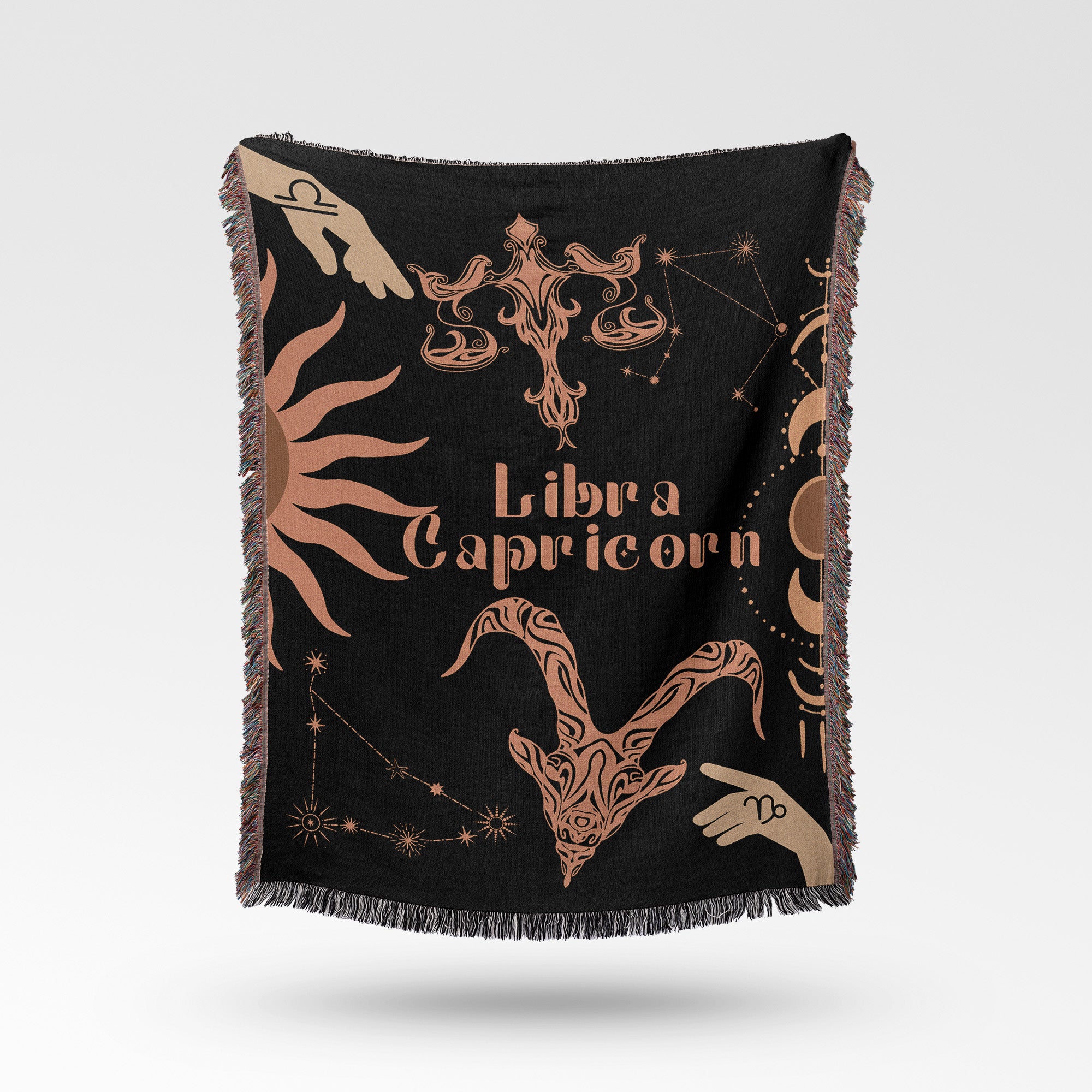 Capricorn and Libra Zodiac Compatibility Woven Throw Tapestry - Elevate home decor with this boho-inspired, celestial charm blanket. Perfect for astrology enthusiasts, featuring Capricorn and Libra sun signs, adding unique, artistic flair to your living space. Premium cotton, cozy, and decorative.