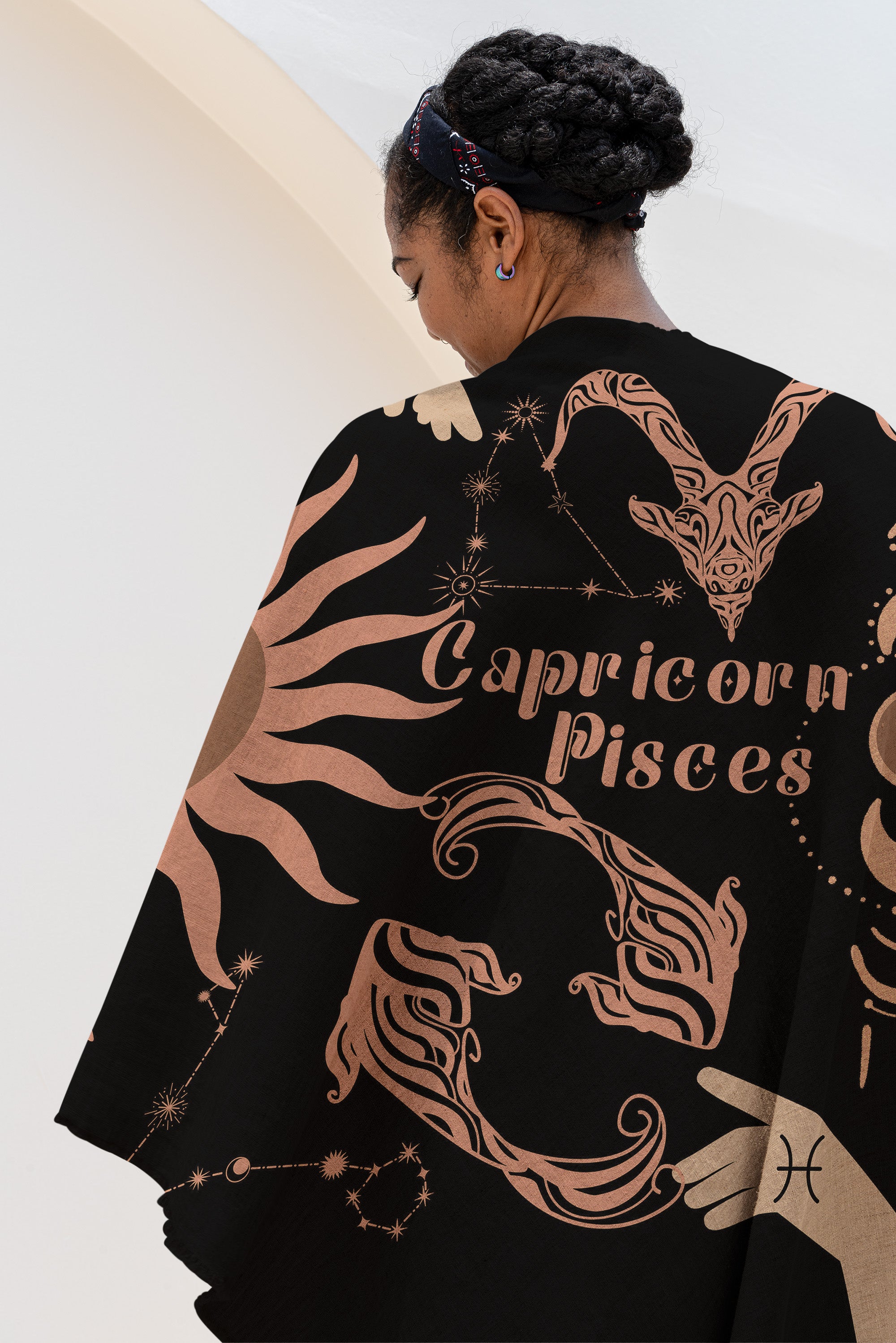 Capricorn and Pisces Zodiac Compatibility Woven Throw Tapestry - Elevate home decor with this boho-inspired, celestial charm blanket. Perfect for astrology enthusiasts, featuring Capricorn and Pisces sun signs, adding unique, artistic flair to your living space. Premium cotton, cozy, and decorative.