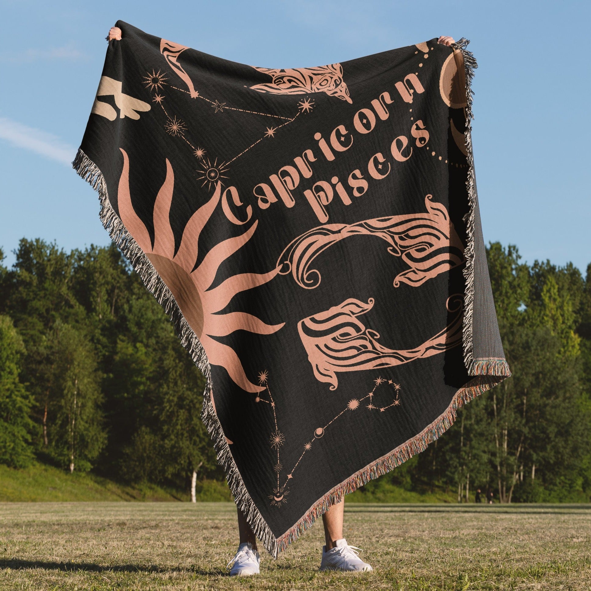 Capricorn and Pisces Zodiac Compatibility Woven Throw Tapestry - Elevate home decor with this boho-inspired, celestial charm blanket. Perfect for astrology enthusiasts, featuring Capricorn and Pisces sun signs, adding unique, artistic flair to your living space. Premium cotton, cozy, and decorative.