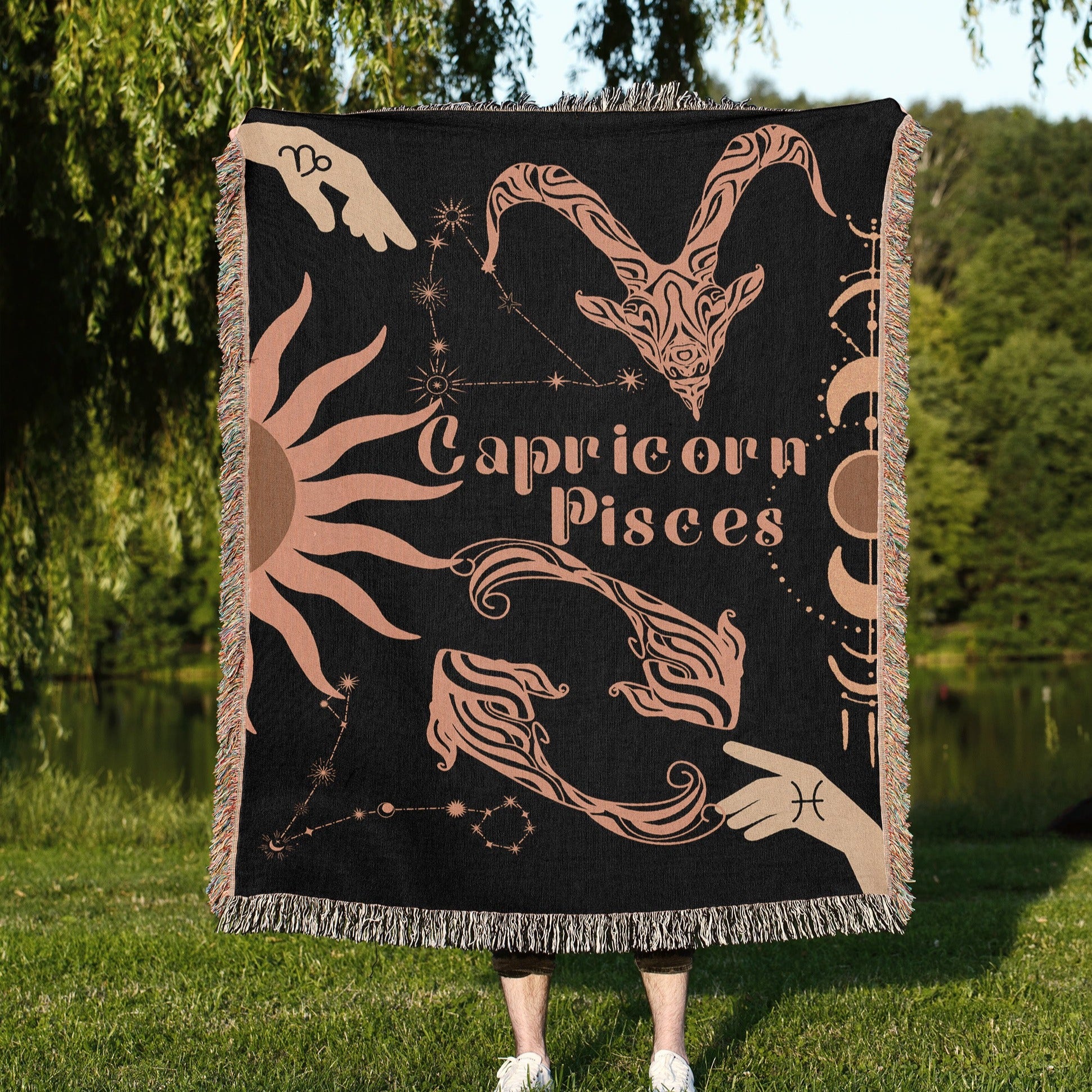 Capricorn and Pisces Zodiac Compatibility Woven Throw Tapestry - Elevate home decor with this boho-inspired, celestial charm blanket. Perfect for astrology enthusiasts, featuring Capricorn and Pisces sun signs, adding unique, artistic flair to your living space. Premium cotton, cozy, and decorative.