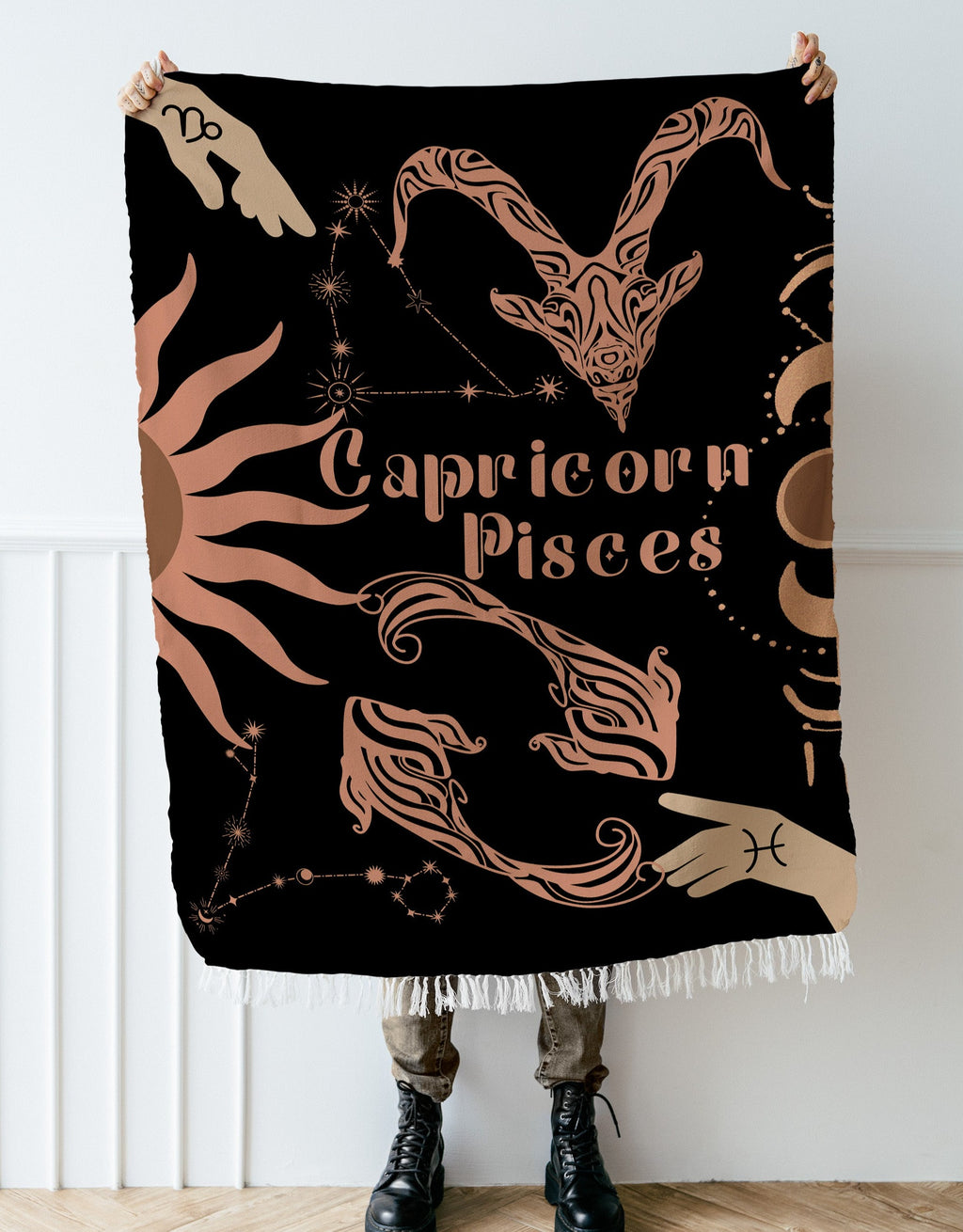 Capricorn and Pisces Zodiac Compatibility Woven Throw Tapestry - Elevate home decor with this boho-inspired, celestial charm blanket. Perfect for astrology enthusiasts, featuring Capricorn and Pisces sun signs, adding unique, artistic flair to your living space. Premium cotton, cozy, and decorative.
