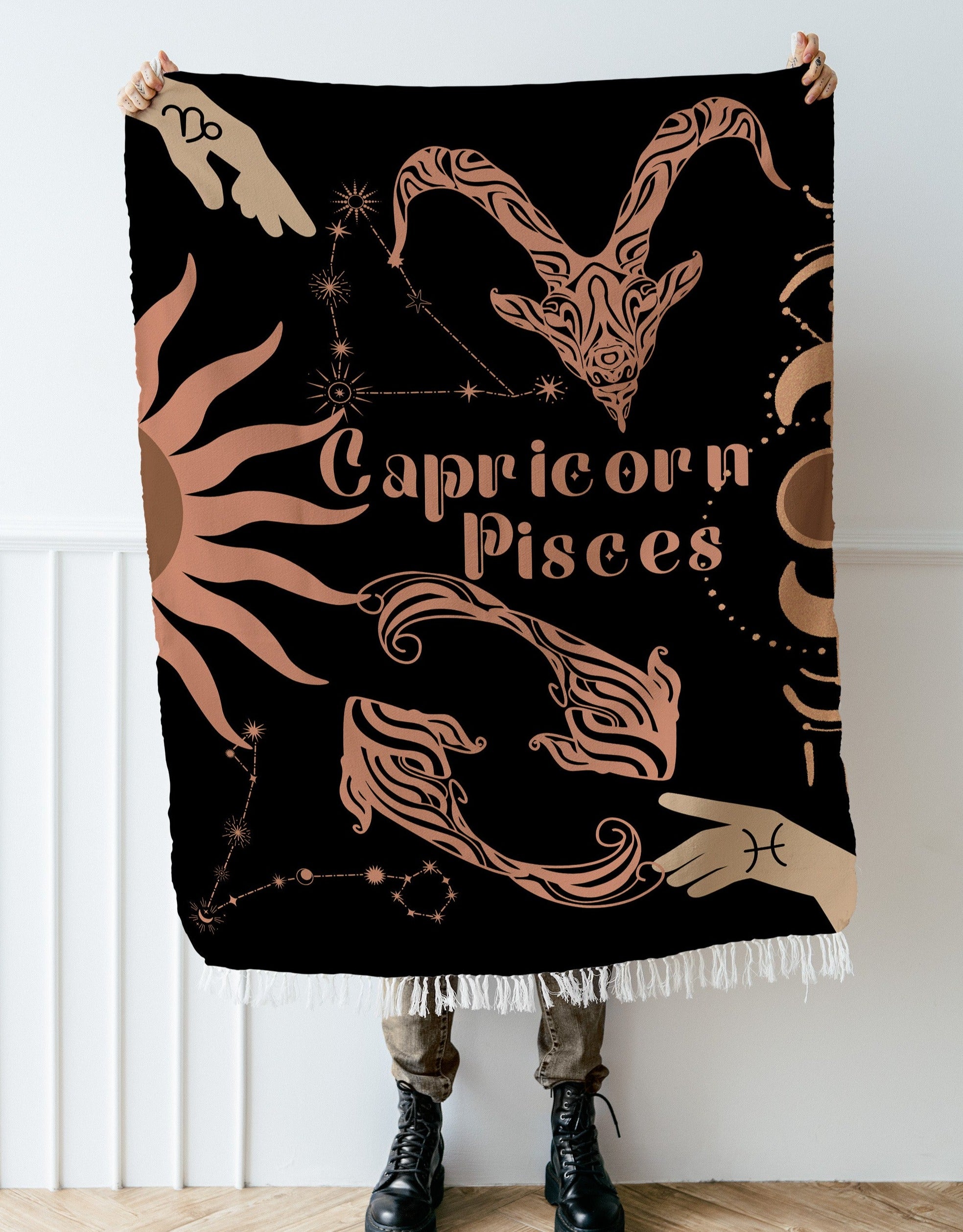 Capricorn and Pisces Zodiac Compatibility Woven Throw Tapestry - Elevate home decor with this boho-inspired, celestial charm blanket. Perfect for astrology enthusiasts, featuring Capricorn and Pisces sun signs, adding unique, artistic flair to your living space. Premium cotton, cozy, and decorative.
