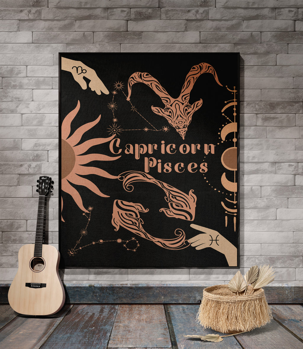 Capricorn and Pisces Zodiac Compatibility Woven Throw Tapestry - Elevate home decor with this boho-inspired, celestial charm blanket. Perfect for astrology enthusiasts, featuring Capricorn and Pisces sun signs, adding unique, artistic flair to your living space. Premium cotton, cozy, and decorative.