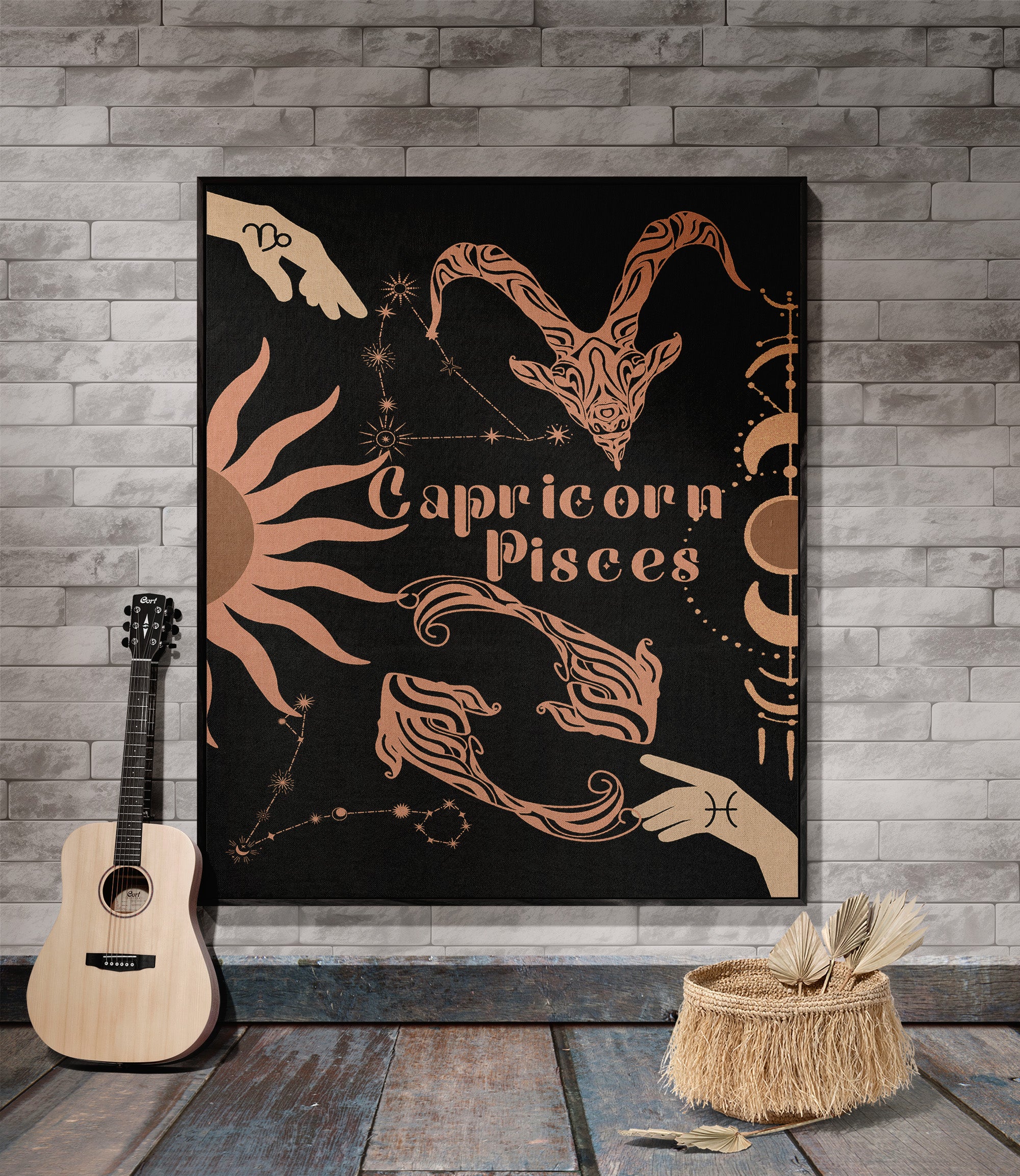 Capricorn and Pisces Zodiac Compatibility Woven Throw Tapestry - Elevate home decor with this boho-inspired, celestial charm blanket. Perfect for astrology enthusiasts, featuring Capricorn and Pisces sun signs, adding unique, artistic flair to your living space. Premium cotton, cozy, and decorative.